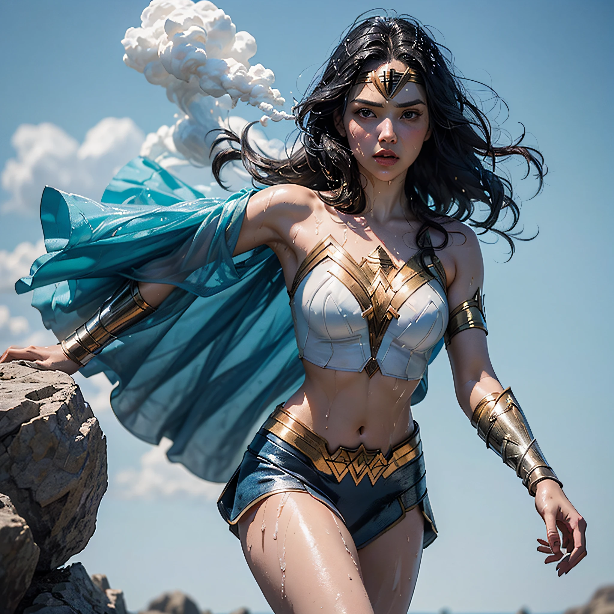 A closeup of wonder woman standing on a rock, extremely detailed artgerm, artgerm comic, using blue and red alloy, (using, ((vaporous:1.2) (transparent:1.2) (white: 0.6) (chiffon) (crop top) grabbed (wet: 1.4) skin ): 1.2))),