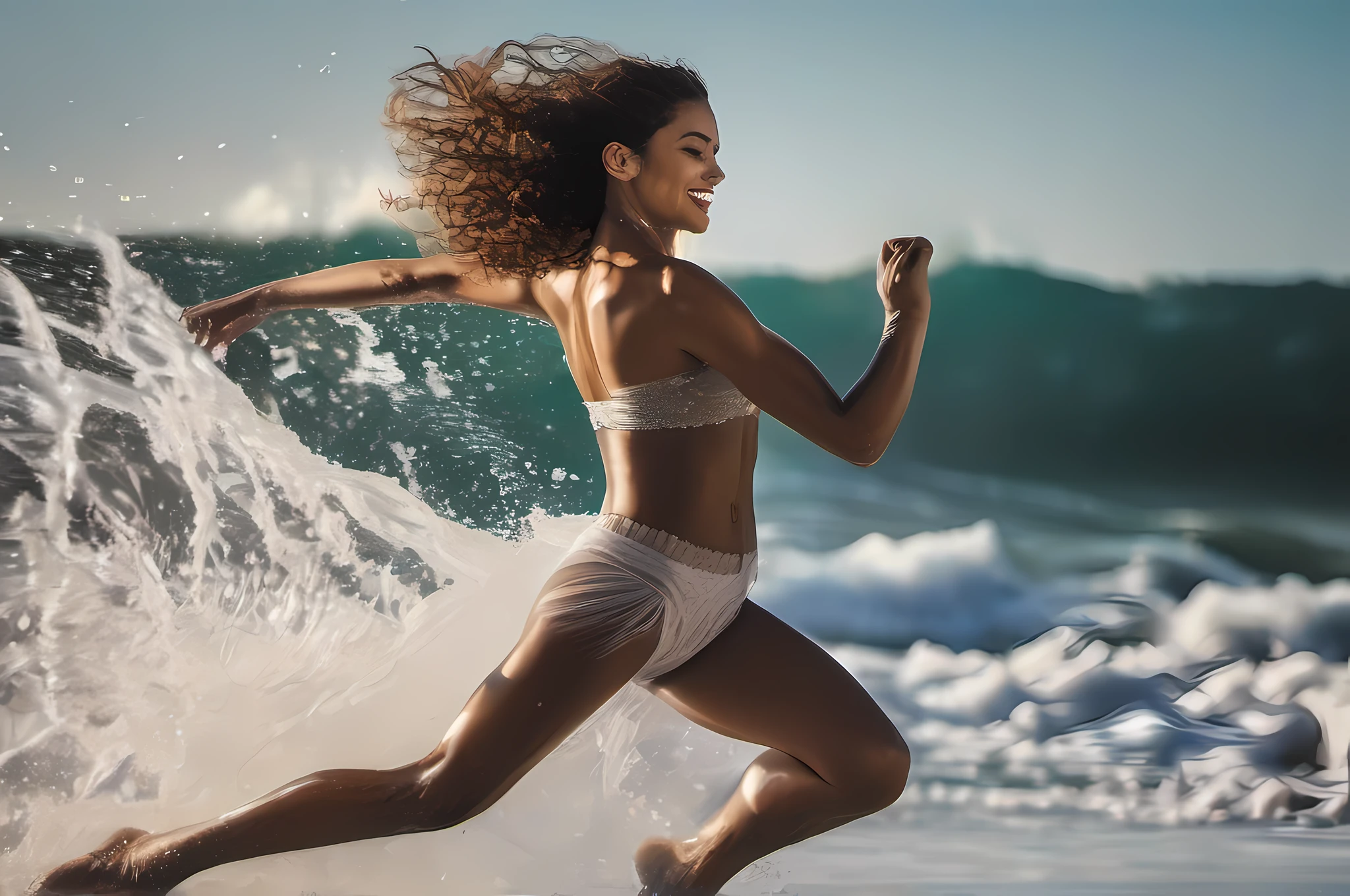 «A dancer leaping through ocean waves, arms raised, body in motion. Captured mid-jump with a Leica SL2-S camera and 24-70mm lens, using natural light for an ultra-detailed, hyper-realistic photograph with artistic motion blur. Splashing water frozen in time around the dancer. Vibrant colors and flawless focus. 3:2 aspect ratio, 750px high resolution.»