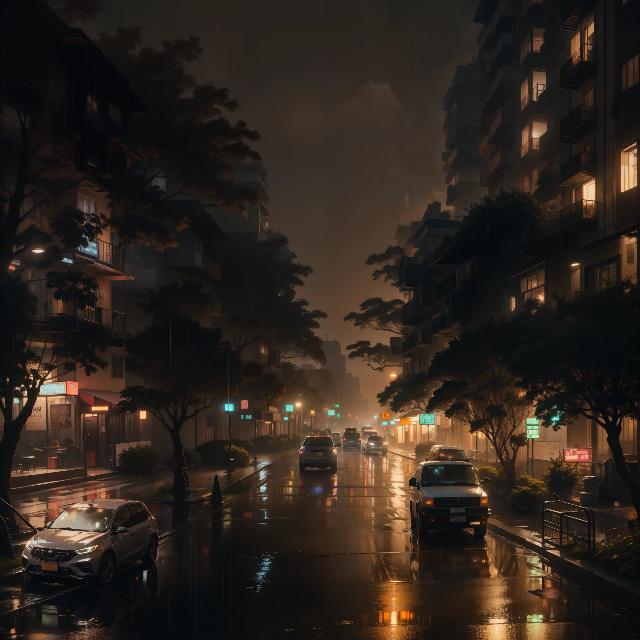 the night,downpours,salama,High-rise buildings,lamplight,crowd of,the street,the trees,cart