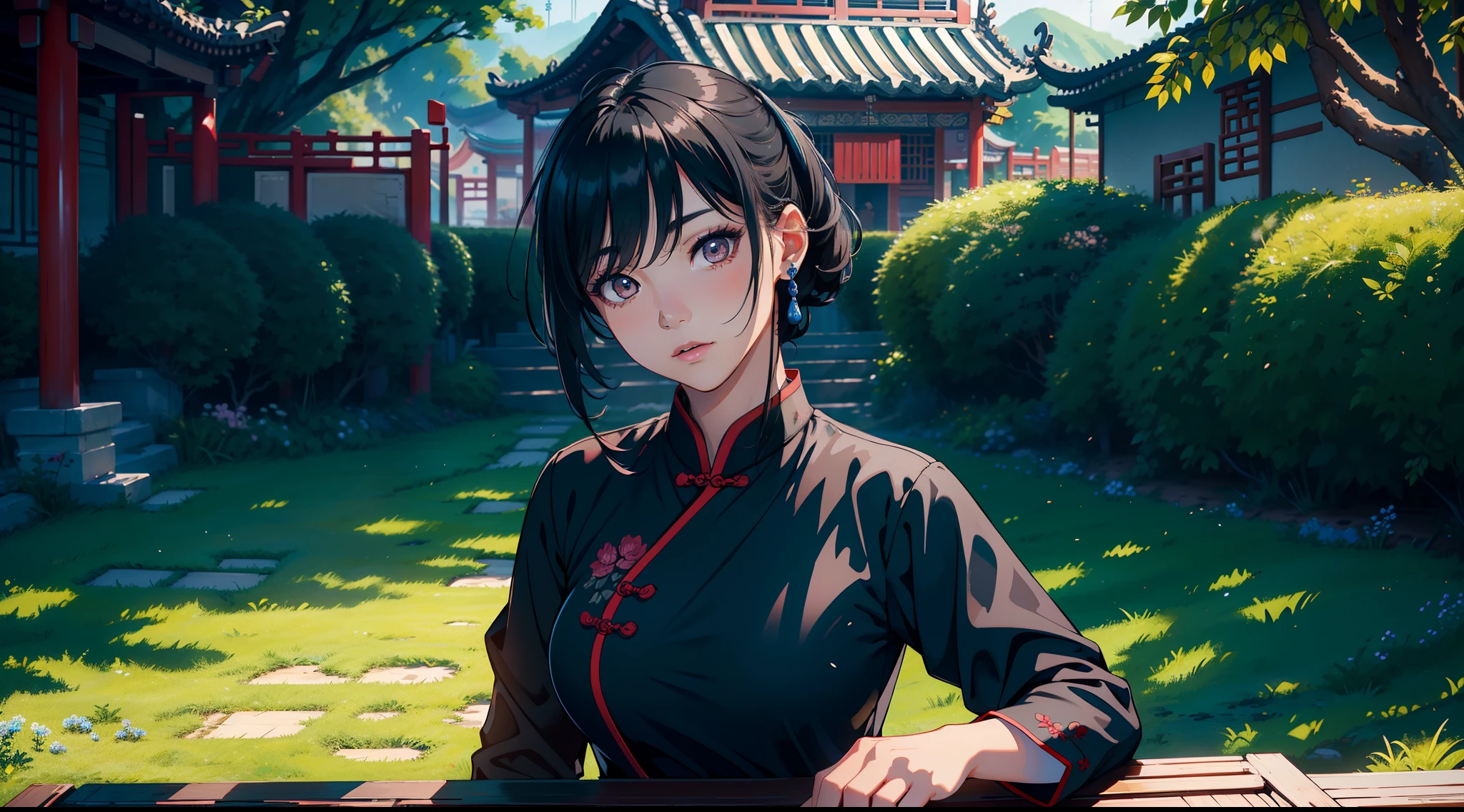 ((tmasterpiece,best qualtiy)),illustratio,Ultra-detailed 8K,Photorealsitic,Clear focus,A highly detailed,Professional lighting,Colorful detailed,(Rural China,In the yard,A 30-year-old woman,Short black hair,Black colored eyes,Wearing blue clothes)
