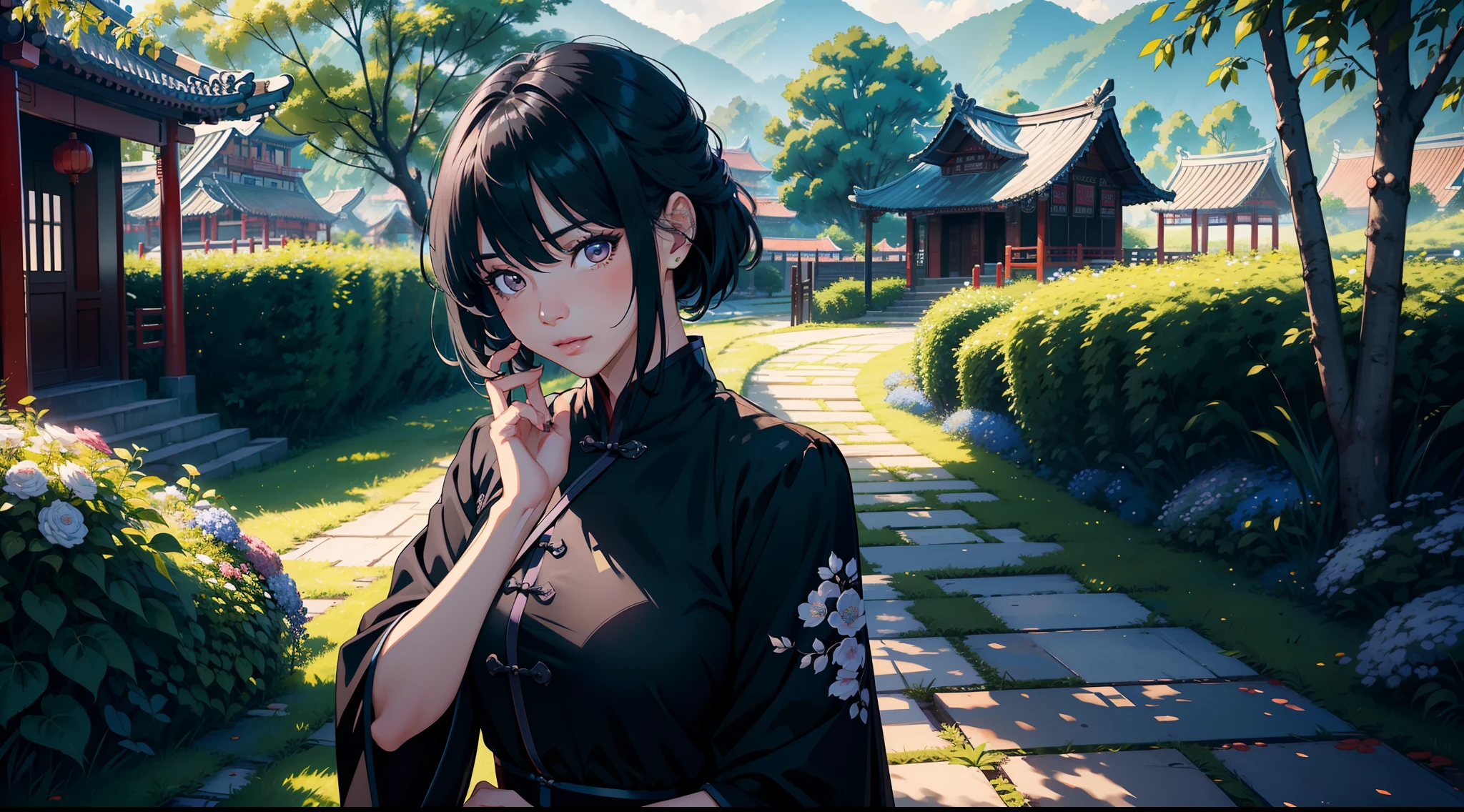 （（tmasterpiece，best qualtiy）），illustratio，Ultra-detailed 8K，Photorealsitic，Clear focus，A highly detailed，Professional lighting，Colorful detailed，(Rural China，In the yard，A 30-year-old woman，Short black hair，Black colored eyes，Wearing blue clothes)