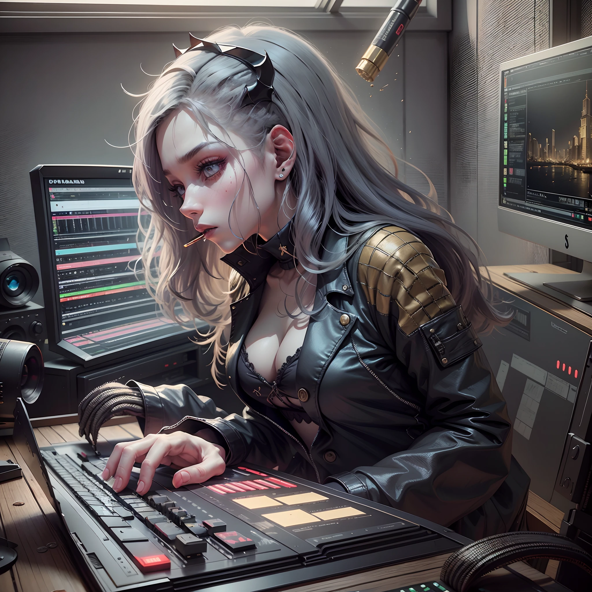 Demonic girl producing a song on a computer, pale, cabelo cinza, Monitor futurista grande, Quarto Neon, fumando um cigarro, tudo em preto, roupas pretas, olhos castanhos, produtor de armadilha, vista da cidade da janela, 4k, 8k, RTX.