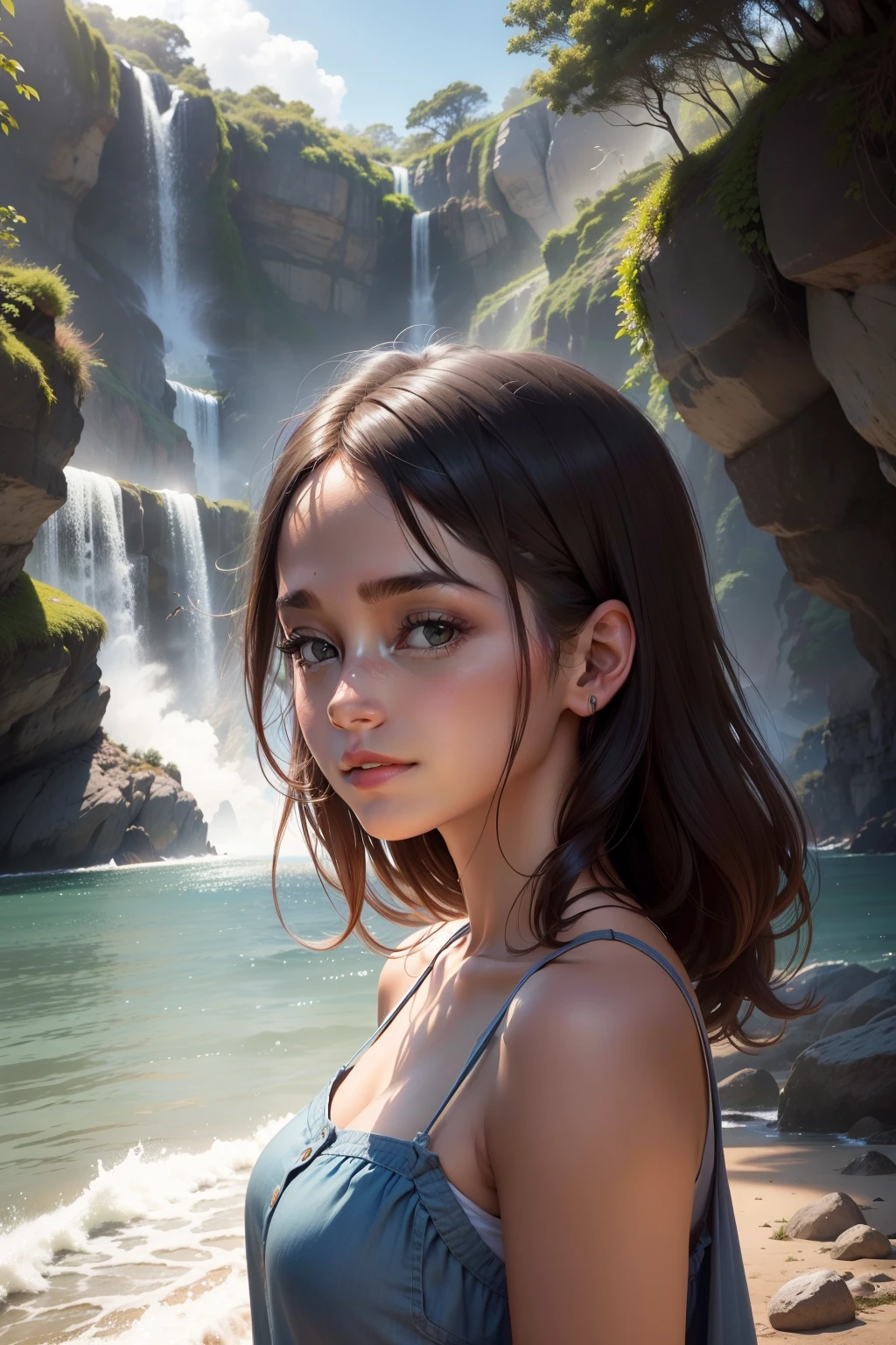 Uma imagem um ambiente tranquilo, como um parque, cachoeira ou uma praia, com uma mulher com idade 30 anos, morena, cabelos pretos, vestindo roupas longas, sorrindo e olhando para o horizonte, o sol brilha suavemente ao fundo, suggesting hope and renewal. The focus of the image is on the confident expression of the person, Conveying the message of overcoming and restarting.
