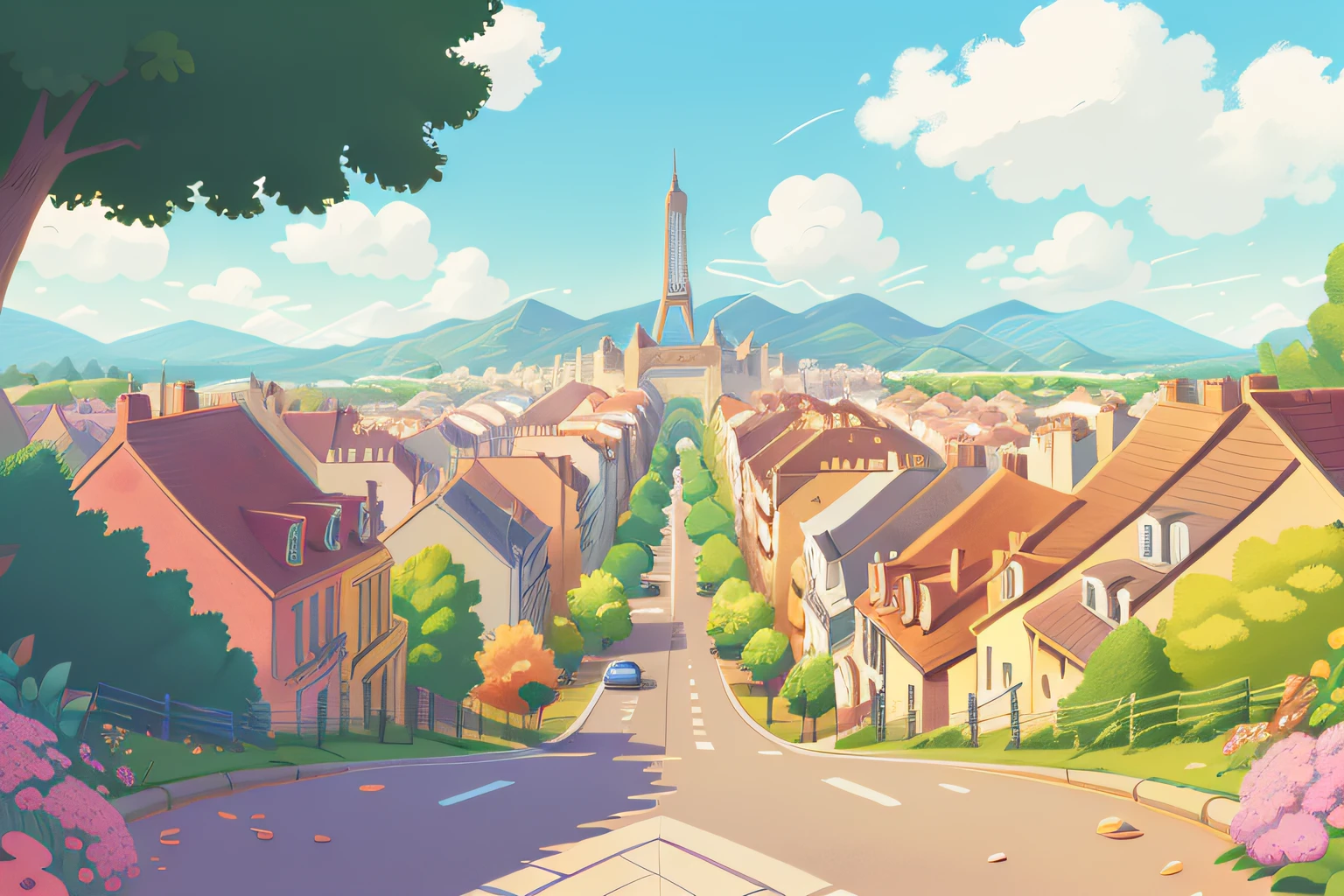 Two roads，French neighborhood in background，Close-up，hyper HD，Detail portrayal，Highly saturated colors，Cute cartoon two-dimensional vector illustration