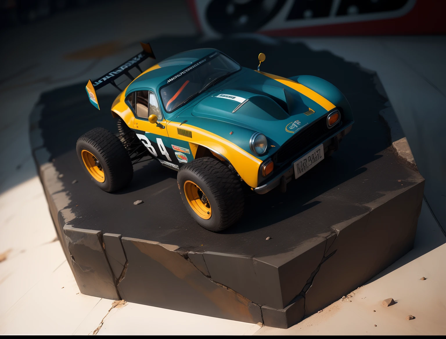 orthogonal view, armored car, rock and roll racing car, masterpiece, intricate details, cinematic light, miniature