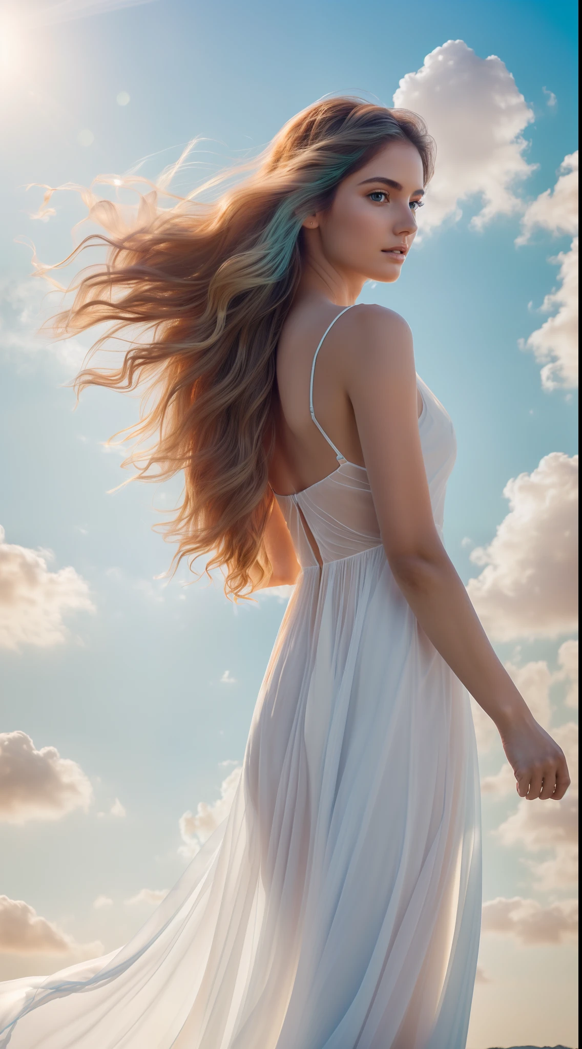(8k, RAW photo, photorealistic:1.25) ,( detail face, glossy side, shiny skin, best quality, super high resolution, depth of field, chromatic aberration, caustics, special light, natural shadows, flowing wavy hair, light pink and sky blue style, (real: 1.4), 1girl, no bra ,no panties, (orange sky: 1.5), tall and thin beauty goddess, flowing dress, cloud goddess, flowing white fabric, see through dress,Wearing a flowing dress, (blue sky and white clouds in the background: 1.4), (wind: 1.5), (full body: 1.5), a green long dress inspired by peacock feather.