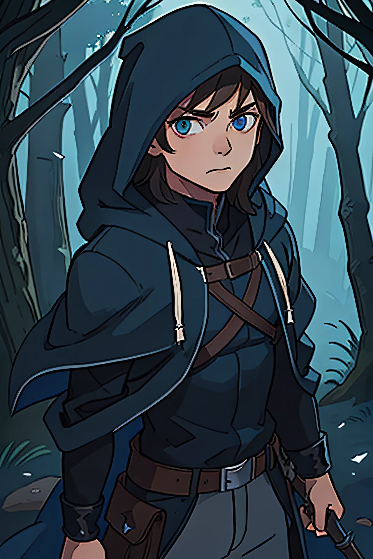 boy, brown-hair, blue eye. hooded, hooded equipped, hood hat, rogue outfit, dark outfit, leather outfit, agent-like, medieval-like, power aura, magic aura, blue magic, evil-like, boss-like, forest background.