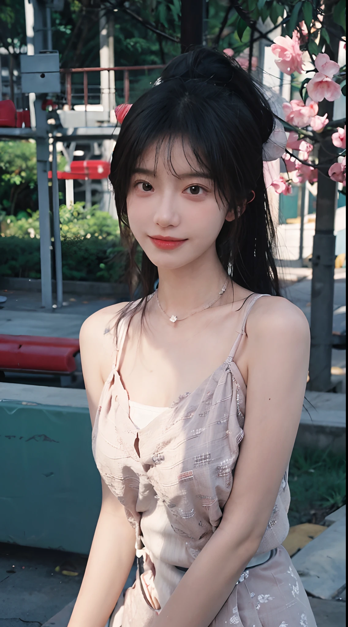 best qualtiy, 超高分辨率, (realisticlying:1.4), head gear,Baoyu Girl, High ponytail,A pair of clear and moving peach blossom eyes,Royal Sister,校服,sunshine on face,Scroll,(School playground:1.4),(choker necklace:1.2),(Fair skin:1.9),(full bodyesbian:1.2)a sense of atmosphere,a beauty girl, ssmile,head straight-looking at viewer, closeup cleavage ,(Photorealistic:1.4),1girll,Sexy,(Upper body:1.4),(Wet body),(:1.2)