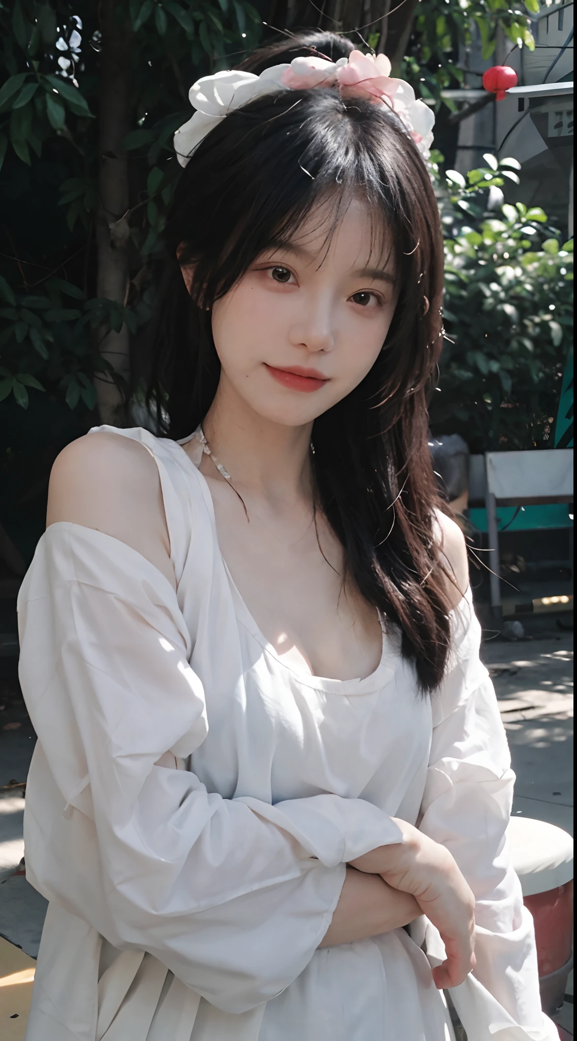 best qualtiy， 超高分辨率， （realisticlying：1.4）， head gear，Baoyu Girl， High ponytail，A pair of clear and moving peach blossom eyes,Royal Sister，校服，sunshine on face，Scroll，（School playground：1.4），（choker necklace：1.2），（Fair skin：1.9），（full bodyesbian：1.2）a sense of atmosphere，a beauty girl， ssmile，head straight-looking at viewer， closeup cleavage ，(Photorealistic:1.4),1girll,Sexy,(Upper body:1.4),(Wet body),(:1.2)
