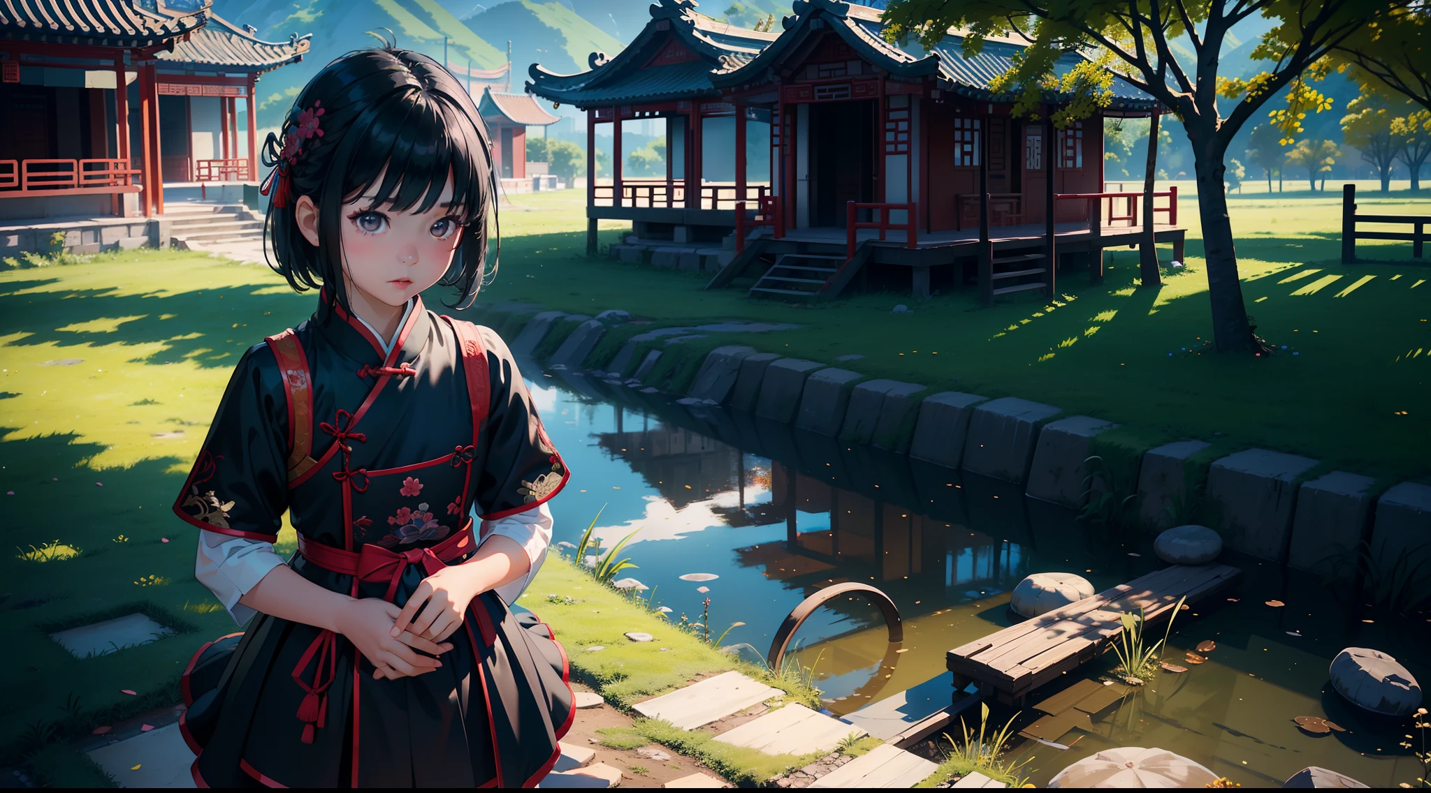 ((tmasterpiece,best qualtiy)),illustratio,Ultra-detailed 8K,Photorealsitic,Clear focus,A highly detailed,Professional lighting,Colorful detailed,(Rural China,In the yard,a 10 years old girl,Wear clothes full of patches,Black colored eyes,Short black hair)