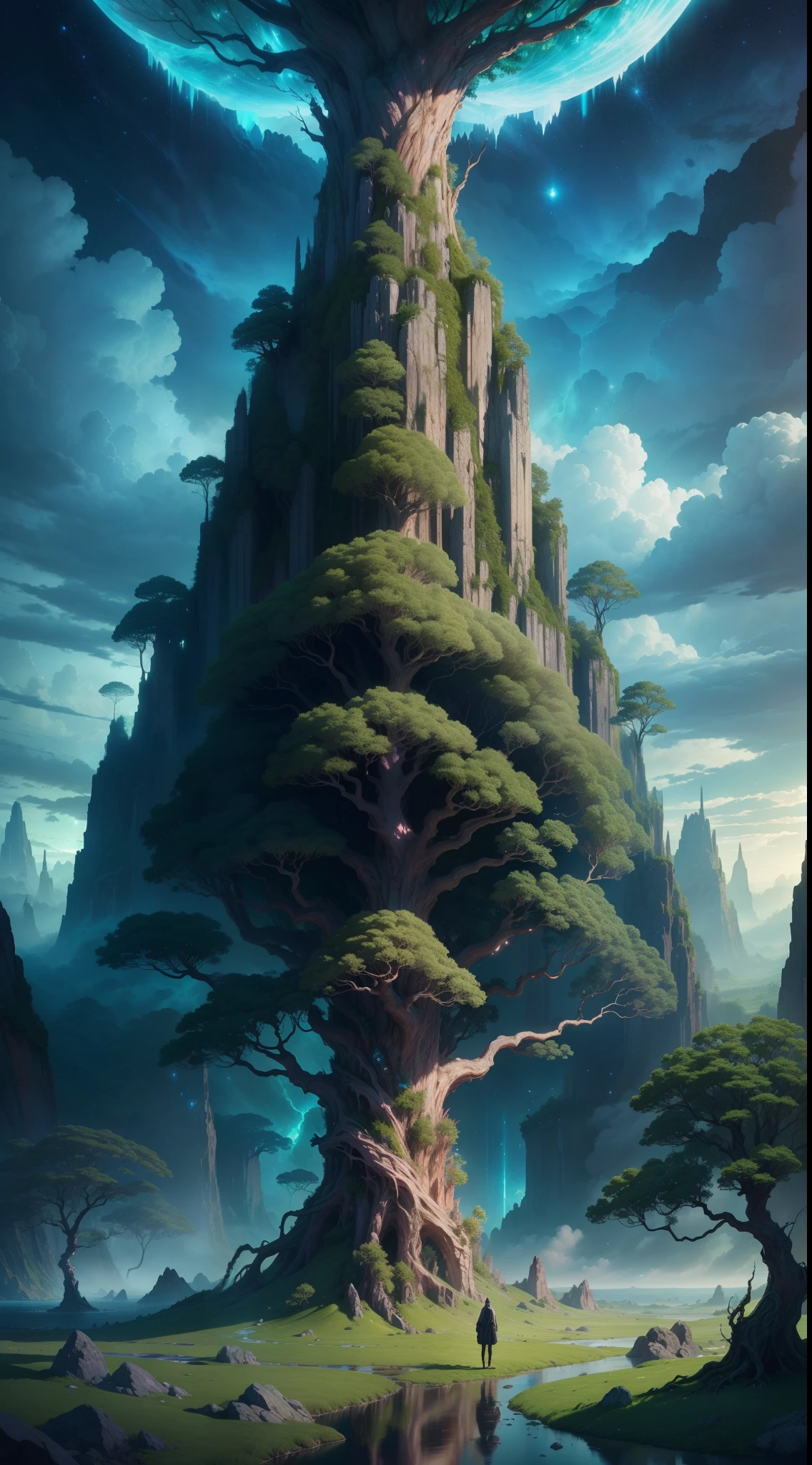 Illustration of a surreal, otherworldly, hyper sky scene including a giant crystal tree full body, highly detailed and magical lighting, intricate forest details, vegetation and surrounding river, solar punk, landscape, giant tree , beautiful green leaves, beautiful lighting and realistic proportions, as if this is a movie background, 8k, highest quality, masterpiece, clouds and stars in the sky.