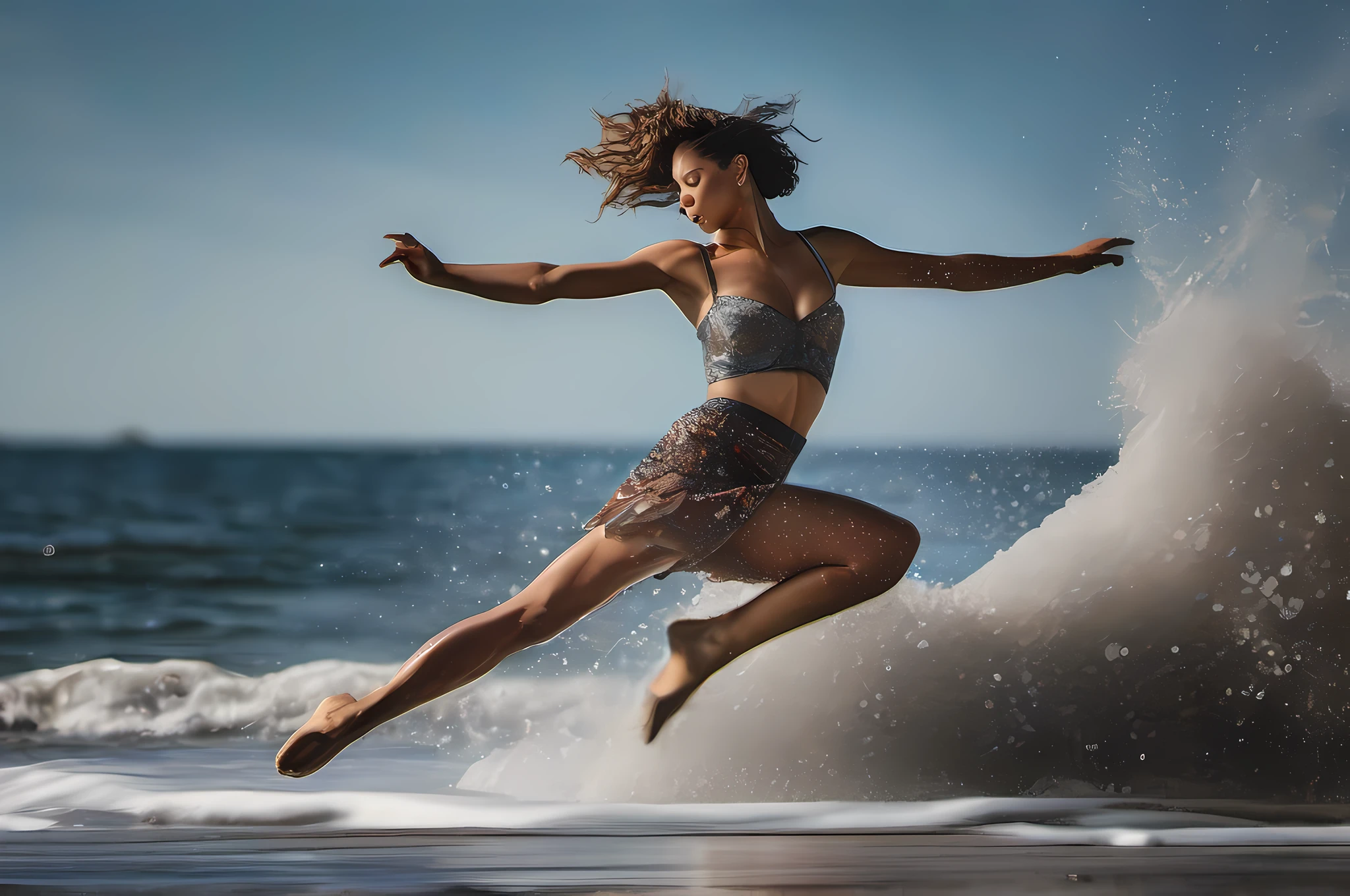 «A dancer leaping through ocean waves, arms raised, body in motion. Captured mid-jump with a Leica SL2-S camera and 24-70mm lens, using natural light for an ultra-detailed, hyper-realistic photograph with artistic motion blur. Splashing water frozen in time around the dancer. Vibrant colors and flawless focus. 3:2 aspect ratio, 750px high resolution.»