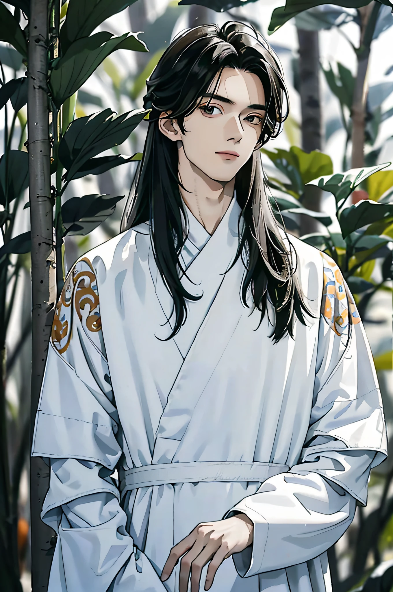 Absurd, High definition, Super detailed, Texture details, clear presentation, HD details, detail performance, Fine details, Clear face, Fix accurately, （（cabelos preto e longos））、long whitr hair、18-year-old man, Handsome, Tall,Soft smile、Slightly muscular,（Clear eyeballs）, (1 person: 1.3), handpainted, Simple lines, （An 18-year-old man wearing a white Chinese suit）, foggy forest、The upper part of the body，（Exocet suit 1.2）