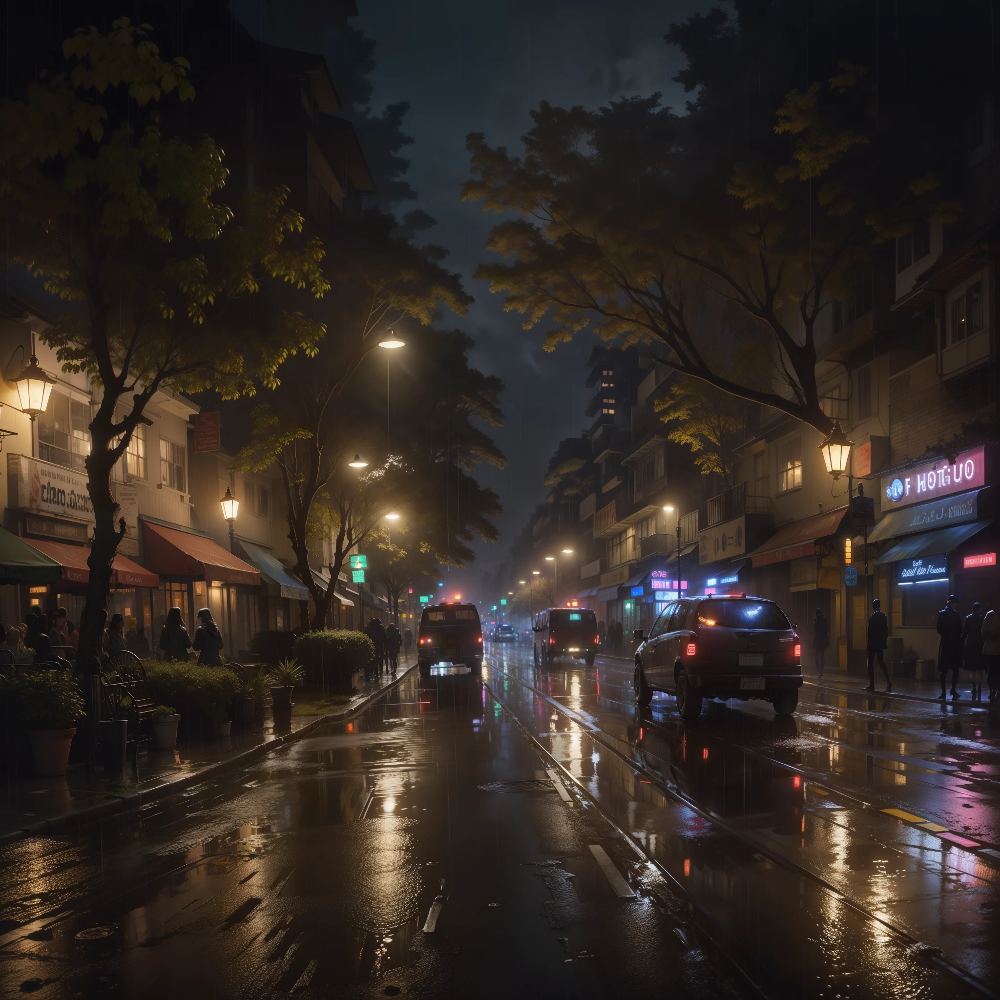 the night,downpours,salama,High-rise buildings,lamplight,crowd of,the street,the trees,cart