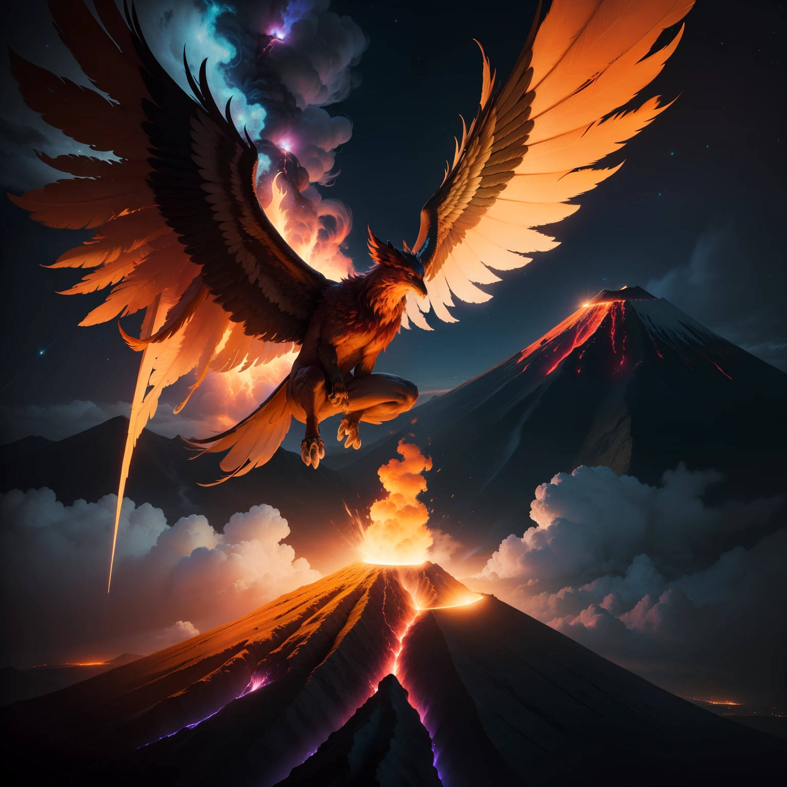 Phoenix on a volcano at night