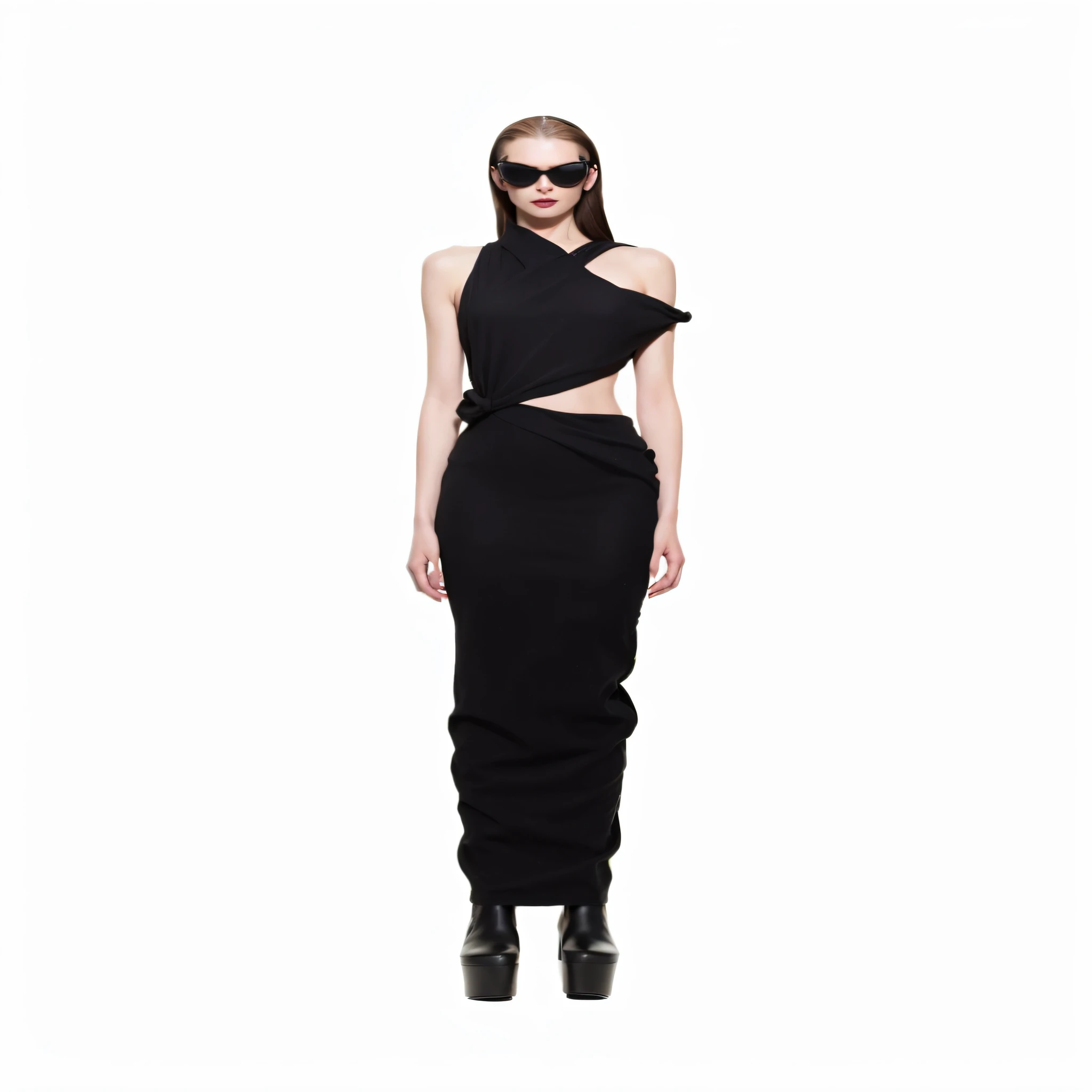 Alafard image of woman wearing black dress and sunglasses, rick owens, emaciated black evening gown, full body length shot, full - length view, full body length, mugler, full lenght shot, jia, full body wide shot, full - length view, Inspired by Slava Raskay, inspired by Adrienn Henczné Deák