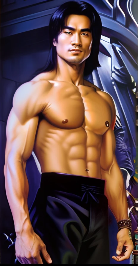 [masterpiece], Portrait of Liu Kang, best quality, shirtless, black pants