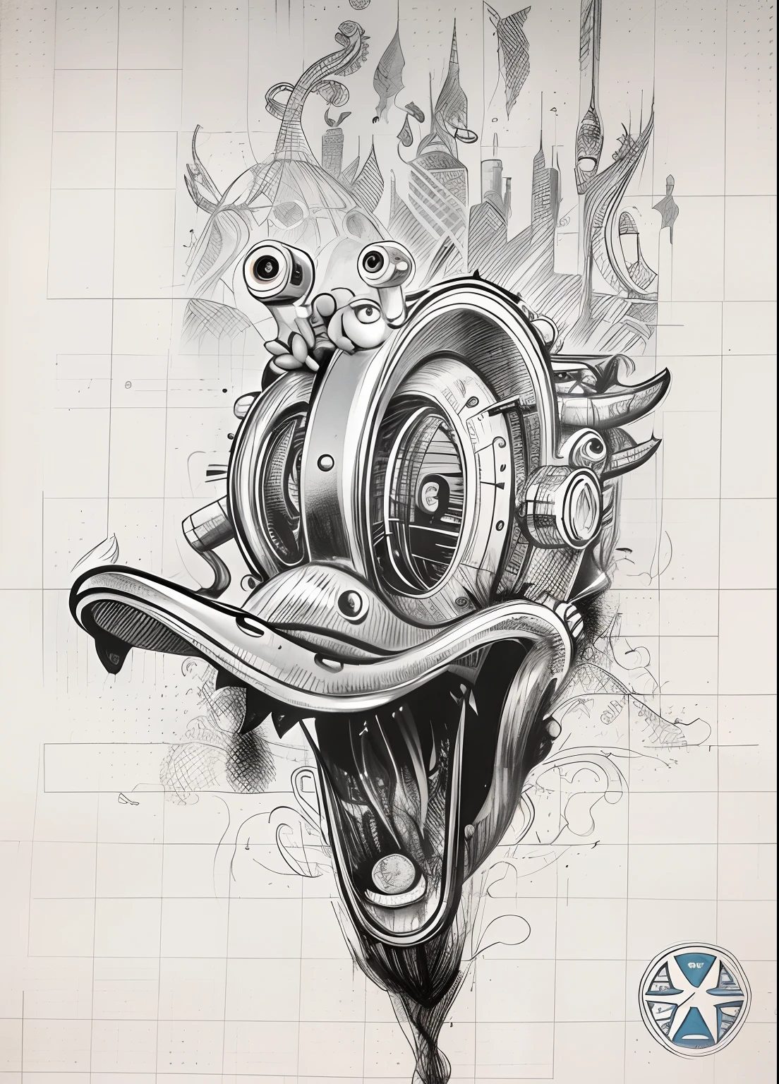 a drawing of a cartoon fish with a big nose and a big mouth, goofy cartoon, sketchy, kenny scharf, cartoon shading, by Eddie Mendoza, robot duck concept portrait, cartoon drawing, daffy duck, inspired by Jack Davis, inspired by Robert Crumb, donald duck, lsd tattoo design, robert crumb style, fantasy duck concept portrait, detailed duck, gonzo