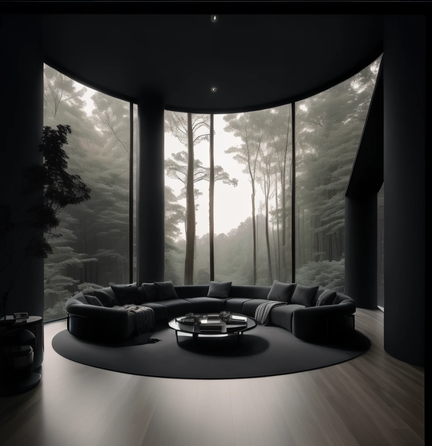 Panoramic view of a living room with a circular sofa and a coffee table, ambiente relaxante, large windows to the forest at night, interior escuro, dark and moody aesthetic, com pano de fundo de luz natural, lugar aconchegante, dramatic and moody, ambiente luxuoso, com vista para uma vasta floresta serena, floor to ceiling window, escuro e moderno, Atmoshpere aconchegante, aninhado em uma floresta