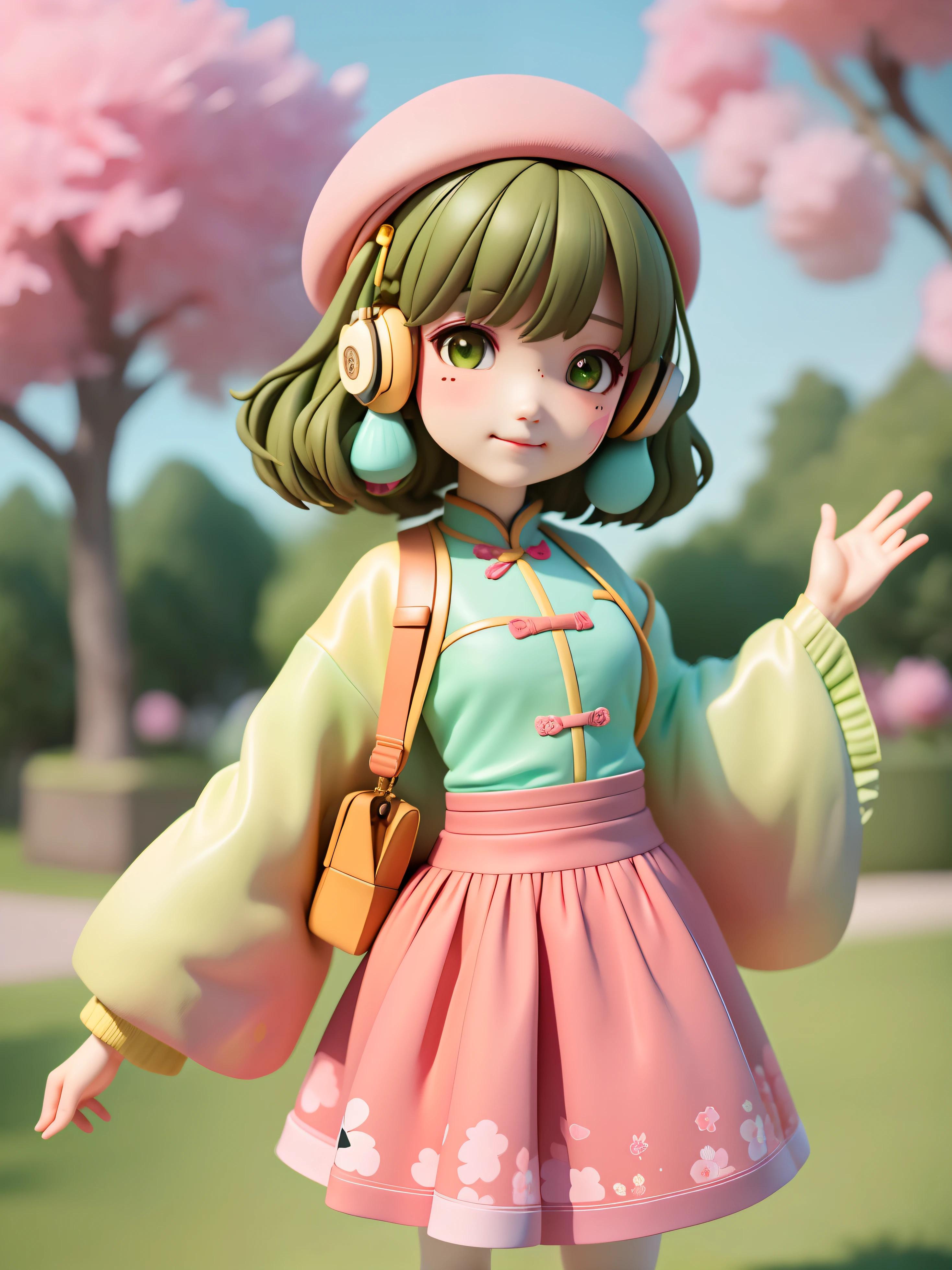 (Daisaku),(Need),(Super meticulous),(full bodyesbian:1.2),1girll,tchibi,adolable,ssmile,Open-mouthed,florals,exteriors,beret,Manteau,Blushlush,The tree,:3,The shirt,short detailed hair,SakuraNS,green headwear,Blurred,A brown-haired,Blush stickers,longer sleeves,By bangs,Earphone,brunette color hair,pinkflower,(beautiful  detailed face),(美丽细致的眼睛),