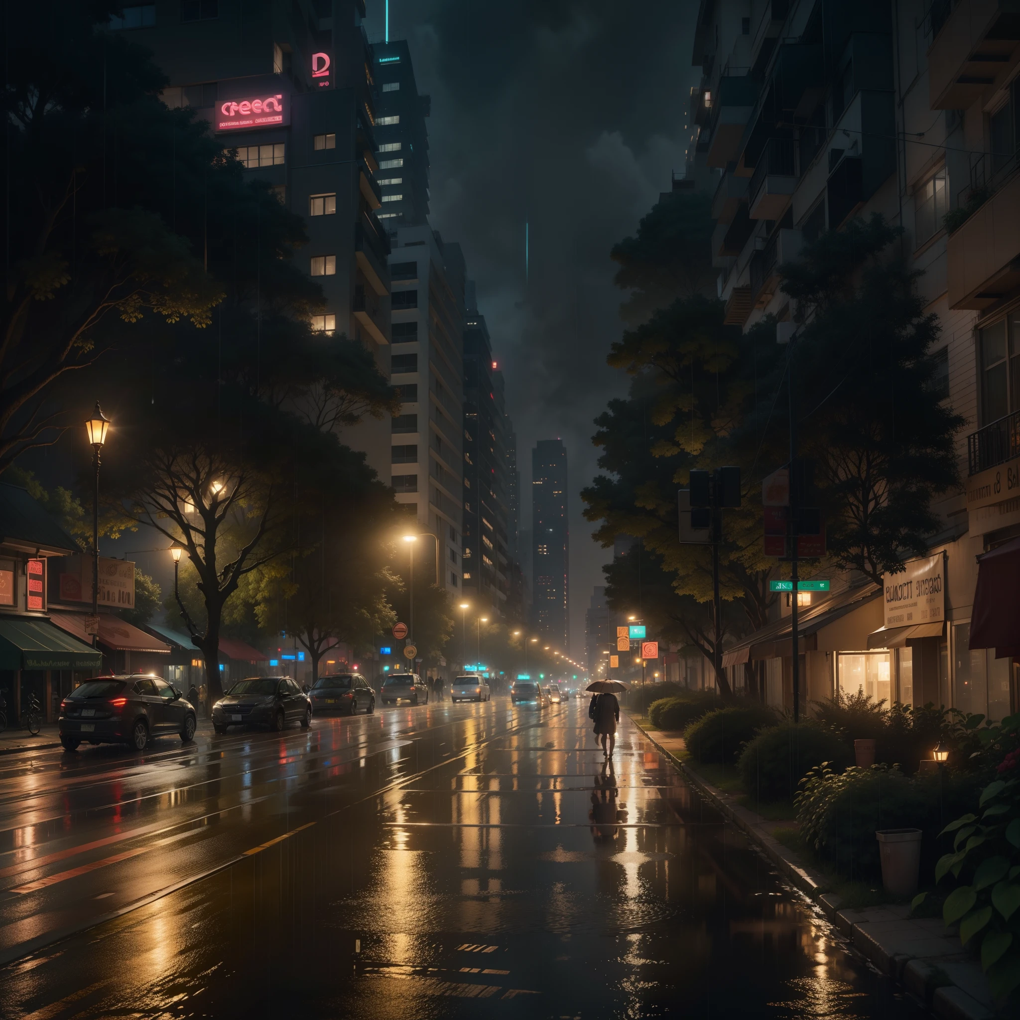 the night,downpours,salama,High-rise buildings,lamplight,crowd of,the street,the trees,cart