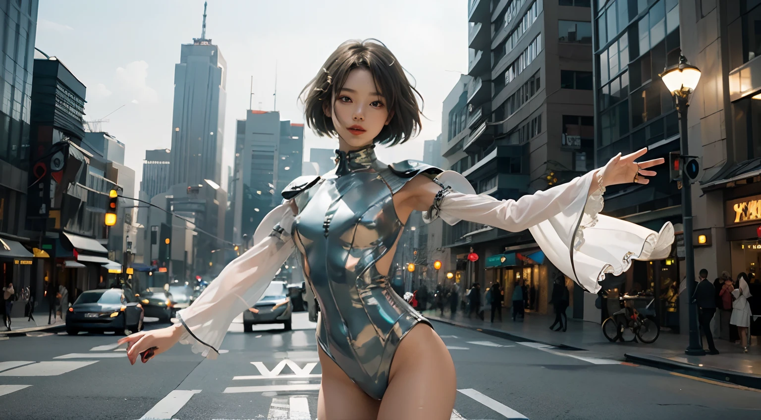(Extreme Detail CG Unity 8K wallpaper、masterpiece、top-quality)、(exquisite lighting and shadow、highly dramatic picture、cinematic lens effects)、Slender girl、Short hair dyed mossy green、White skin color、(dynamic dancing pose)、(excellent details、Outstanding lighting、wide angles)、(Excellent rendering、Enough to stand out in its class)、 Tight metallic suit、Meticulously drawn background、Many support robots flying in the sky、kindly smile、Huge buildings and an abundance of city lights、charming waist、(Precisely shaped fingertips)