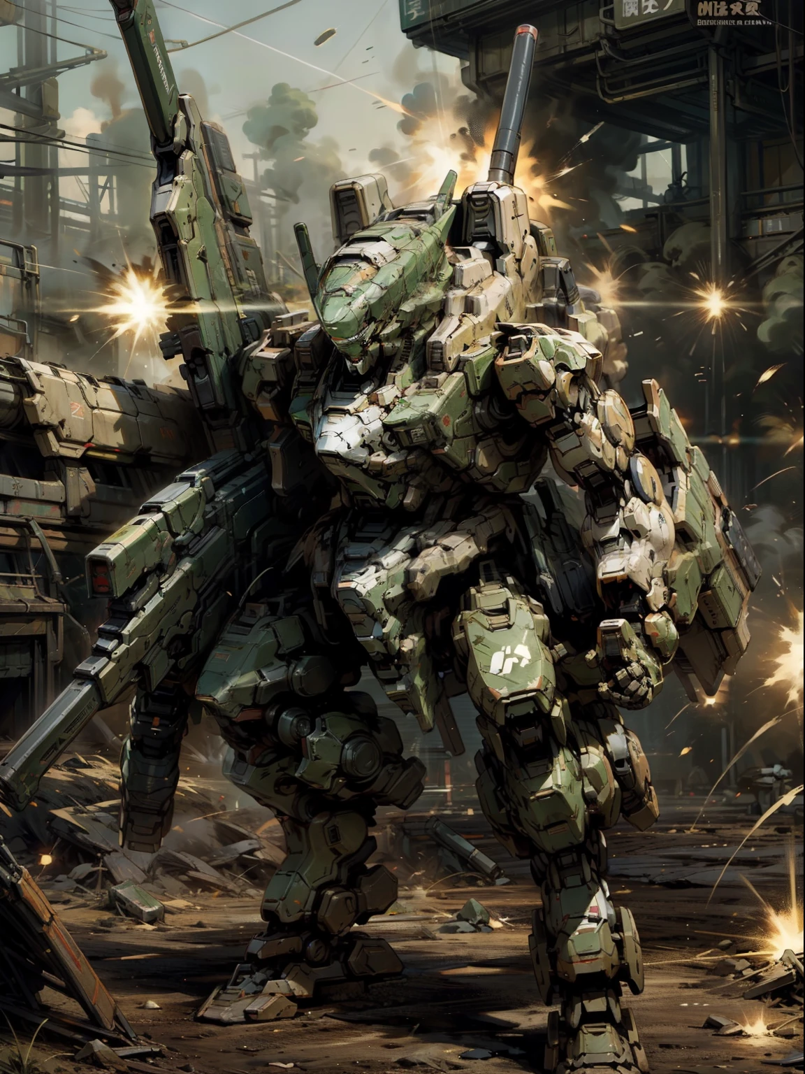 ​masterpiece、explosions、rifle、Bipedal、verdant、Realistic lighting、mechs