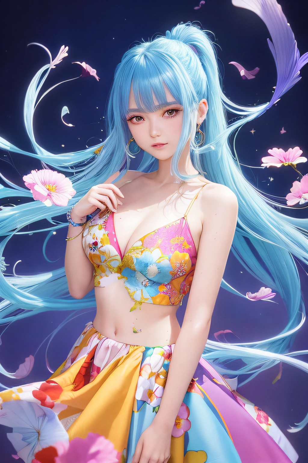 (masterpiece), (best quality), (ultra-detailed), (tousled hair), (illustration), (1girl), (fashionable clothes), standing, fashion model, looking at the viewer, (interview ), (Simple background), Beautiful eyes, Delicate beauty, Floating, (High saturation), (Colorful splashes), Colorful bubbles, (Glowing), Focus on face, Ponytail, Ayaka Kamisato, Light blue hair , bangs, hair ring, floating flower, floating hair, (shining), best lighting, best shadow,