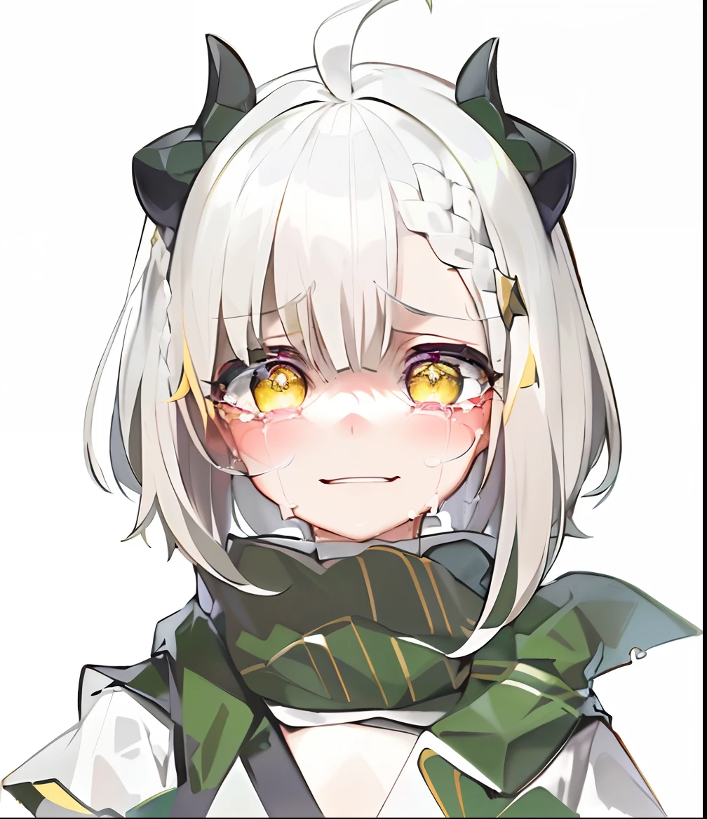 Best quality, 4K,Masterpiece, Extremely detailed, 8K, High detail, Sharp focus, 1girll, Solo, ((White hair)), Short hair,ahoge,french braid,(Light green scarf), hair pin,(Dark gray corners:1.2),((Yellow eyes)),(((Crying))),((Henggao_Theo)),Gesugao face,madman,empy eyes