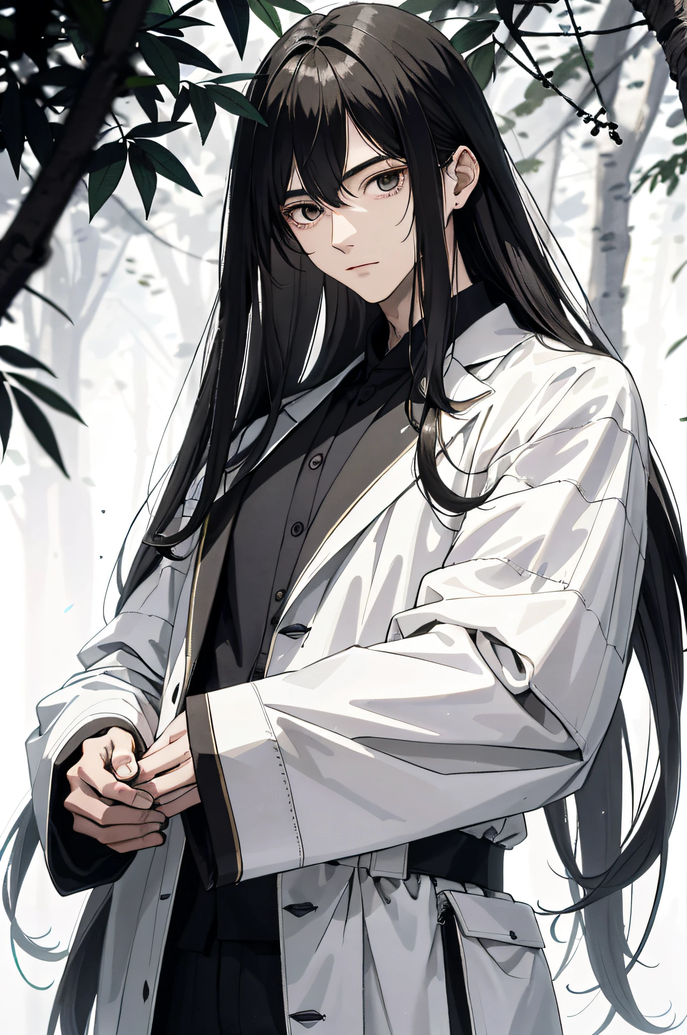 Absurd, High definition, Super detailed, Texture details, clear presentation, HD details, detail performance, Fine details, Clear face, Fix accurately, ((cabelos preto e longos))、long whitr hair、18-year-old man, Handsome, Tall,Soft smile、Slightly muscular,(Clear eyeballs), (1 person: 1.3), handpainted, Simple lines, (An 18-year-old man wearing a white Chinese suit), foggy forest、The upper part of the body,(Exocet suit 1.2)