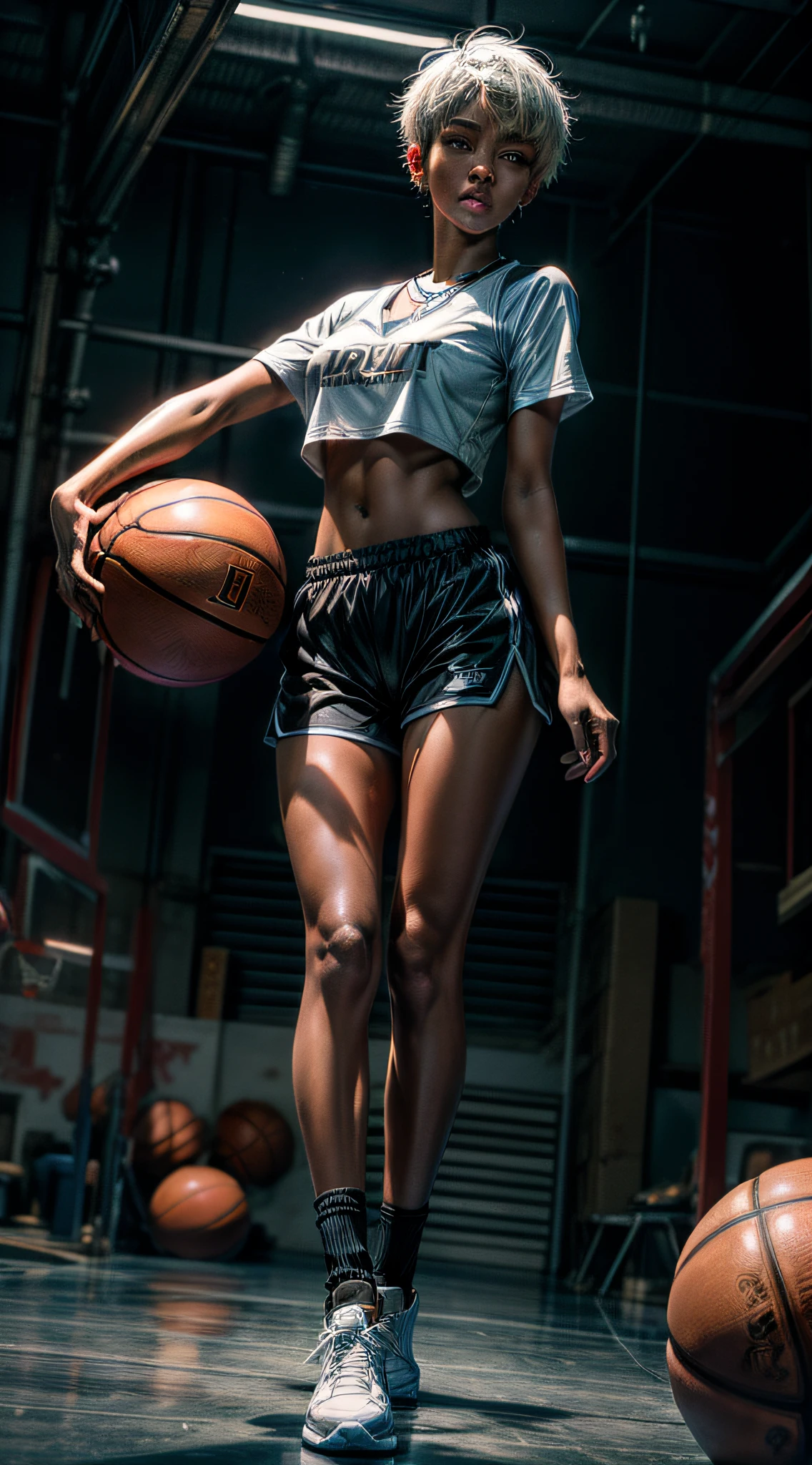 1girl, large, full breasts, small waist, big ass, ((full body)), athletic body, well distributed body, ((dark skin tone)), (white hair), short hair, muscles, light brown eyes, eyes extremely detailed, beautiful eyes, sweaty, tired, satisfied, ((side boobs basketball shirt)), ((cnapped micro shorts)) , necklace, basketball court, (masterpiece, best quality, high resolution, ultra detailed), night, depth of field, low angle, bottom view, (incredibly detailed and expressive image)