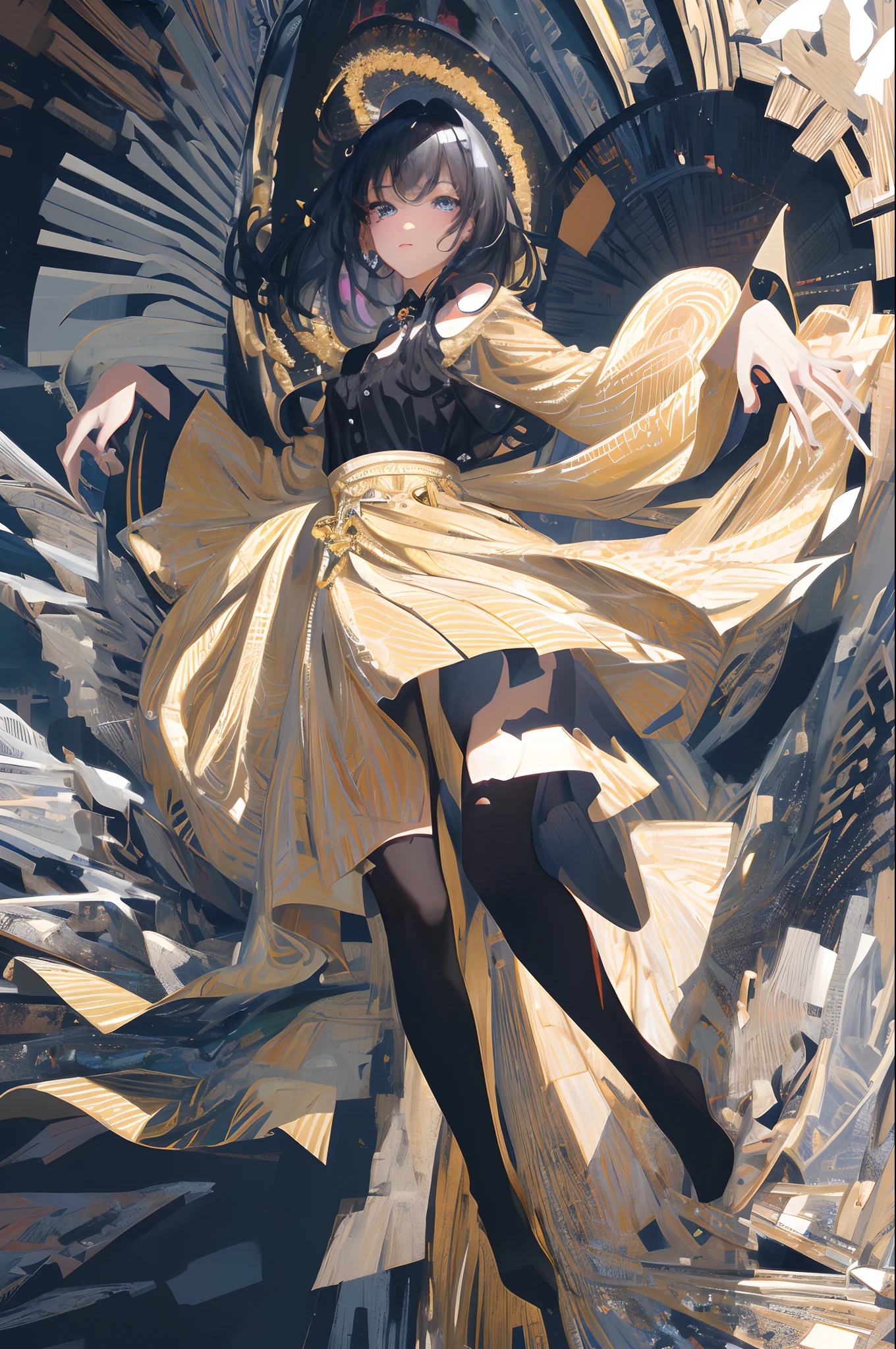 ((masterpiece, best quality, ultra-detailed, high-resolution)), solo, beautiful girl, gleaming eye, perfect eye, age 15, black white gold theme,