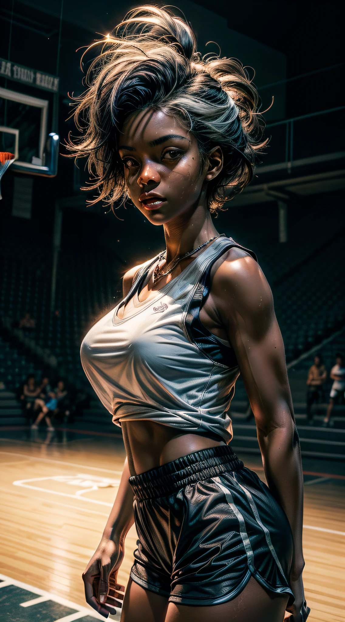 1girl, large, full breasts, small waist, big ass, ((full body)), athletic body, well distributed body, ((dark skin tone)), (white hair), short hair, muscles, light brown eyes, eyes extremely detailed, beautiful eyes, sweaty, tired, satisfied, ((side boobs basketball shirt)), ((cnapped micro shorts)) , necklace, basketball court, (masterpiece, best quality, high resolution, ultra detailed), night, depth of field, low angle, bottom view, (incredibly detailed and expressive image)
