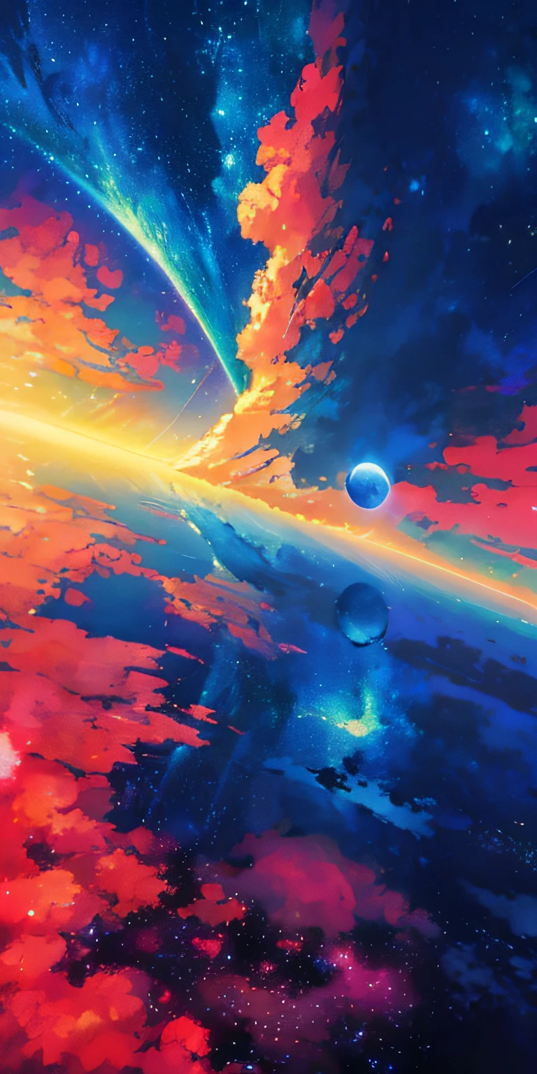Animated scene of a planet with stars in the sky, cosmic sky. by makoto shinkai, endless cosmos in the background, Beautiful space, makoto shinkai cyril rolando, a beautiful artwork illustration, 4K highly detailed digital art, heaven planet in background, anime art wallpaper 4k, anime art wallpaper 4k, amazing wallpapers, Fantasy space,Accelerate、The universe is changing,Color is Xu々turns blue to、Image of peace、It changes further and the aurora borealis appears.