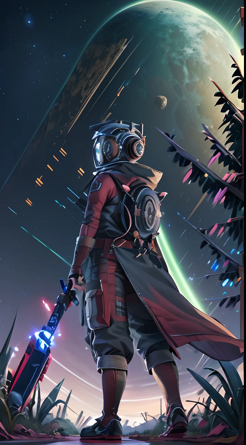 ((highly detailed, extremely detailed CG unit 8k wallpaper, illustration, highres, absurdres)), ((masterpiece)),
nomanskyai, planetary landscape, 1other, ambiguous gender, eyes, jedi robe, holding jedi lightsaber, night landscape, from the side, outdoor, gloves, 1child, rock, standing, wide plane,, alone, tree, brake, boots, helmet,atlas,night sky, many stars