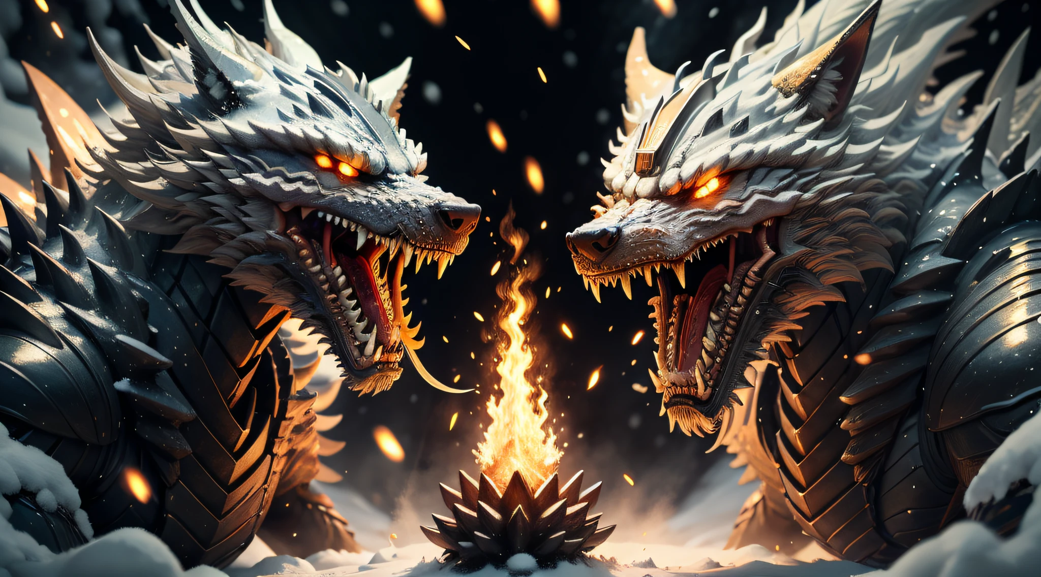 {Masterpiece}, {Best quality}, In winter, Snow, Photo, {Real}, {Science_fiction}, absurderes, Cybernetic gray werewolf in power armor, (realisticlying:1.5), (realisticlying:1.2), A detailed, rendering, Epic, Biomechanical wolves, shelmet, white plastic, diffuselighting, dynamicposes, 复杂, ellegance, (Dynamic background), highly detailed, ellegance, Sharp focus, photography of:greg rutkovsky, gentlesoftlighting, vivd colour, Ivory gold AI (Combat documentation:1.2), (Mecha werewolves fight dragons with flames in their mouths:2.3), Award-Awarded, 8K, Best quality, A high resolution, Masterpiece