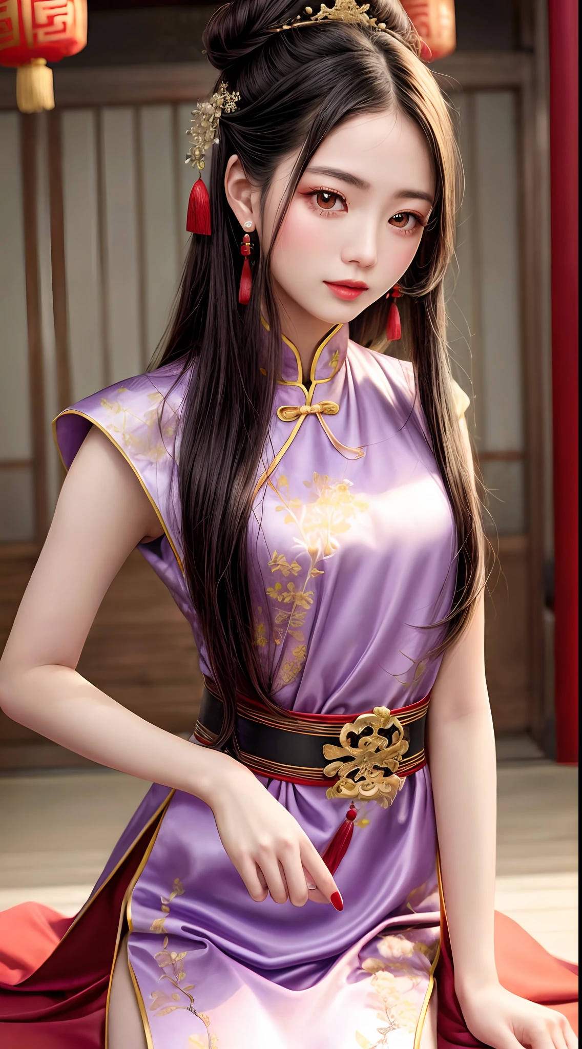 JK Maiden,Girl wearing purple Japanese girls' school uniform,8K,Extremely high image quality,Cinematic film texture,photorealestic,Eating Japanese food,Nikkei background,depth of fields,Tatami room,Warm lighting,Bow on chest,Qi bangs,Long hair that falls over the shoulder,(Playful eyes),二重まぶた,Deepening of the tail of the eyes,Lying silkworm,Wear a bracelet on your wrist,Scarlet lips,The lips are shiny and textured,Fine skin texture,Brown sparkling pupils,((((Keep your eyes on the camera)))),delicate finger,((with a round face)),(((Small lips)))Need,tmasterpiece,A high resolution,1girll,Blushlush,(Seductive smile:0.8),starpupil,Chinese shoulder suction red Hanfu,hair adornments,choker necklace,trinkets,beautfully face,On_Body,Tindal effect,Lifelike,Shadow room,Light edges,Two-tone lighting,(highdetailskin:1.2),8K, Ultra HD,Slr,softlighting,high high quality,Volumetriclighting,Candid camera,photore,A high resolution,4K,8K,Antique bust photo in the background: A girl about 22 years old,Perfectcomposition,Precise and perfect human anatomy,Golden ratio creation,Surreal and realistic。Detailed skin details,White skin of the,shiny skin,Creamy glowing skin,Skin that is white and red。Exquisite depiction of facial features,Perfect makeup,Detailed depiction of the face,Clean and flawless face。A sweet smile,Smile without showing your teeth。Extremely detailed depiction of hair,Long black hair,Hair coiled,tying hair,High bun,The wind blew away the hair。Eyebrows upturned,long eyelasher,二重まぶた。Affectionate eyes,Big bright eyes,Sweet with lying silkworms。High nose bridge。Thin lips,Pink lip gloss,Straight teeth。Delicate collarbones。Delicate pendant,Ear ring。Perfect tall figure,Get it all together,Long legs and thin waist,Skinny beauty,Can't be too thin。Straight chest,medium boob。Keep your head up and your chest up,Look ahead,Face the lens,Stand。Ancient architectural background(((Chinese style new Chinese embroidered dress)),half-body photo