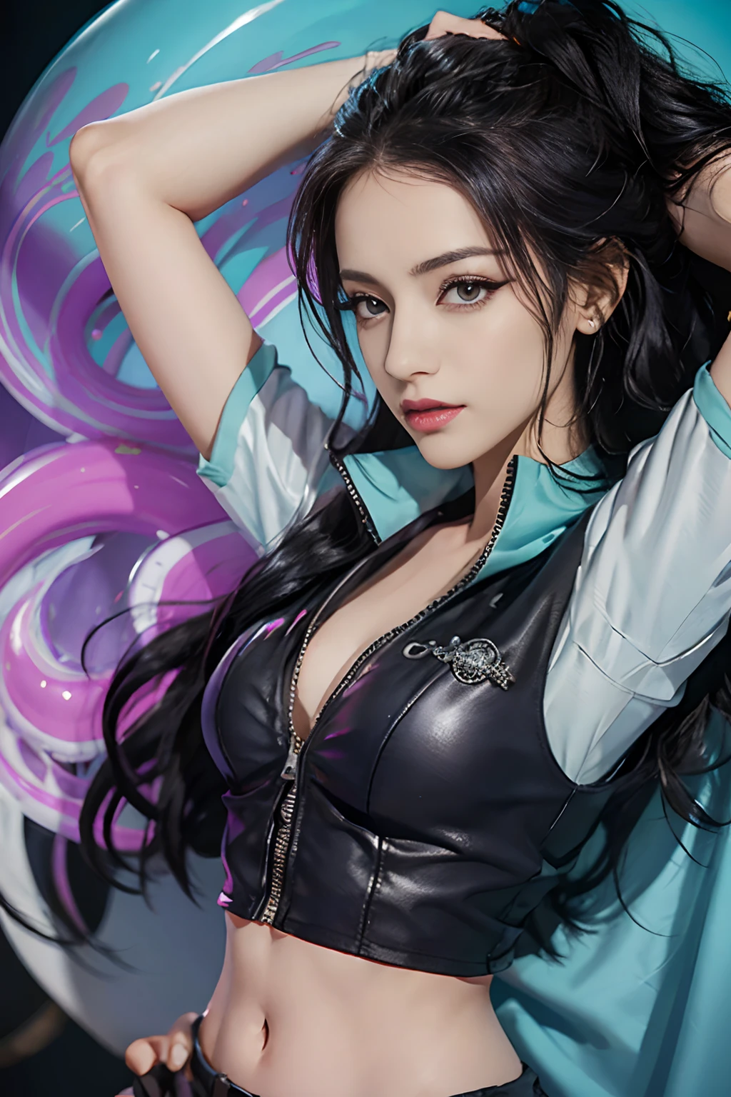 (((masutepiece+Best Quality+High resolution+Ultra-detailed))), Nico Robin\(One piece\), long silky black hair, High Nose, Sharp eyes, noble and inviolable temperament, (([Female]: 1.2 + [Beauty]: 1.2 + Black Long Hair: 1.2)), egypt scriptures background, (One piece), collared jacket, croptop, Midriff, Navel, sarong, Short sleeves, zippers, partially unzipped, Cowboy Shot, aqua eyes, dynamic angle and posture.