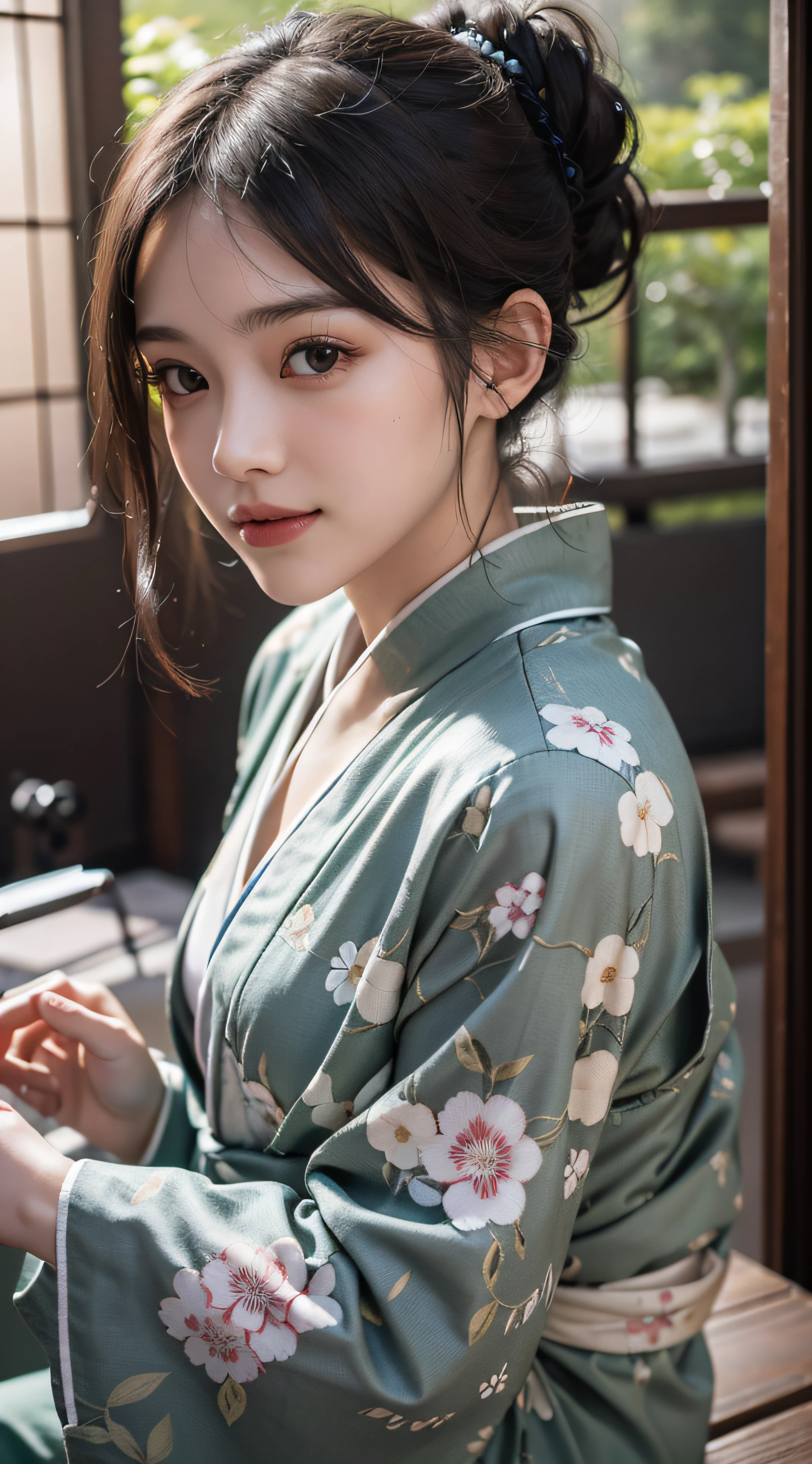 (Photorealsitic:1.4), (Top image quality:1.0), (超A high resolution:1.0), 8K, Raw photography, (masterpiece:0.2), (pureerosface_v1:0.5)、(Best Quality Detail:1.2)、realisitic、8K UHD、hight resolution、(1girl in:1.2)、The ultra-detailliert、High quality textures、intricate detailes、detaileds、Very detailed CG、High quality shadows、Detail Beautiful delicate face、Detail Beautiful delicate eyes、depth of fields、Ray traching,1girl in, japanaese girl, Cute, slender, Black kimono, Kimono with Japanese pattern,Floral scrunchie, Beautiful skin, Facing the front,Sit down, Sit upright and say thank you,Align your hands elegantly,Smile faintly The Land of Japan,Japanese garden,Luxury Japanese-style room, skyporn, Magic Hour, (Realistic:1.3), Finely detailed, quality, (masutepiece:1.2), (Photorealistic:1.2), (Best Quality), (Intricate details), Dramatic, Ray tracing, photograph, +Lola