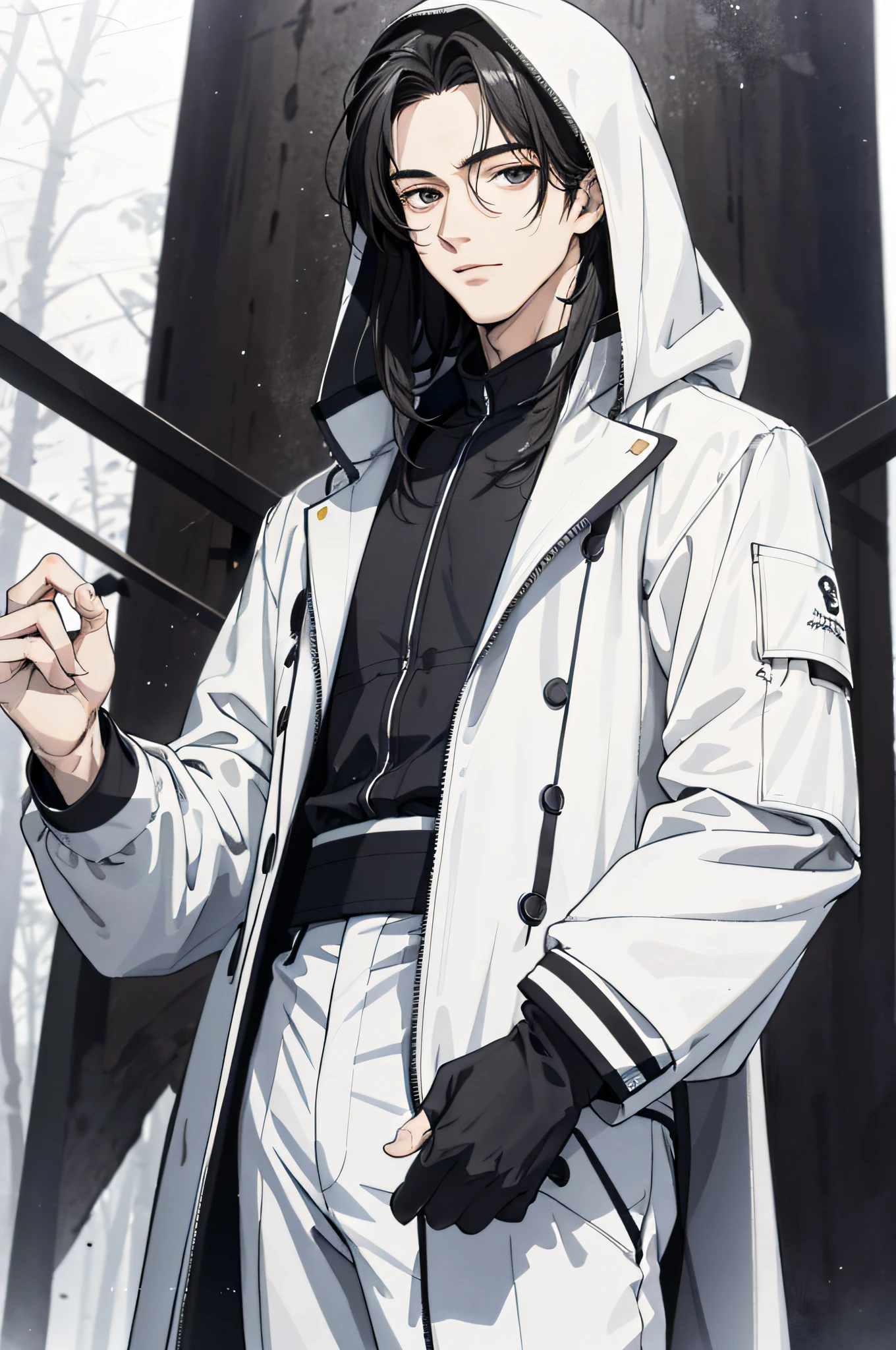 Absurd, High definition, Super detailed, Texture details, clear presentation, HD details, detail performance, Fine details, Clear face, Fix accurately, ((cabelos preto e longos))、long whitr hair、18-year-old man, Handsome, Tall,Soft smile、Slightly muscular,(Clear eyeballs), (1 person: 1.3), handpainted, Simple lines, (An 18-year-old man wearing a white Chinese suit), foggy forest、The upper part of the body,(Exocet suit 1.2)