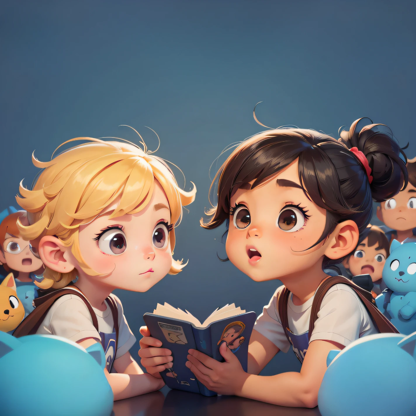 anime characters reading a book with stuffed animals around them, adorable digital painting, artwork in the style of guweiz, cute detailed digital art, cute digital art, childrens art in artstation, artgerm and atey ghailan, ross tran 8 k, in the style of ross tran, loish and ross tran, ross tran and bayard wu