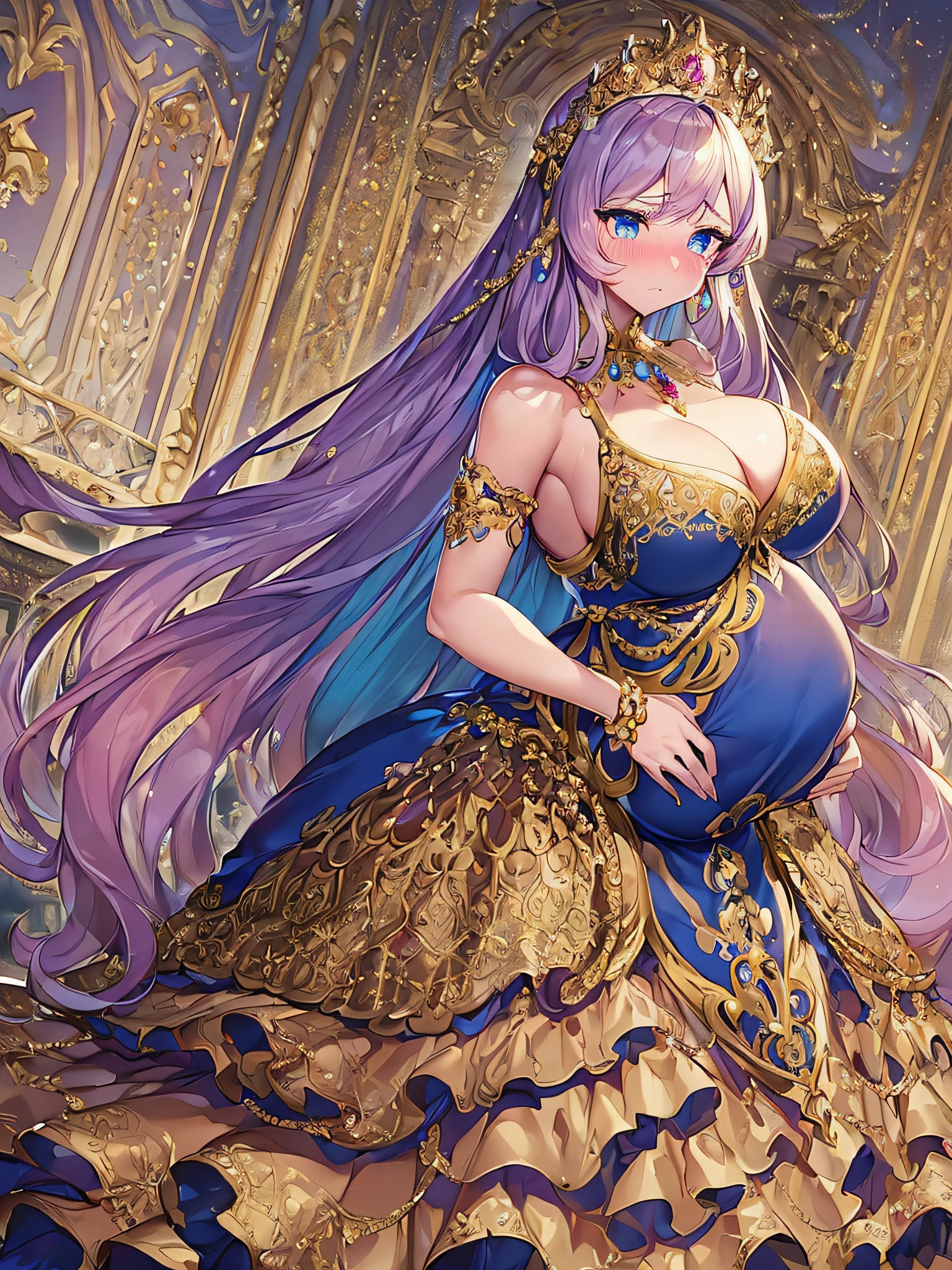 ((anime artstyle)),(Masterpiece),(Best Quality), (Super Detail),((Very Delicate and Beautiful)),(((Solo))),((full body)),(((1 bling-bling pregnant princess in beautiful embroidery and jeweled gorgeous rococo ball gown dress with voluminous full length hoop skirt))),((heavily pregnant)),very big pregnant belly,((bling-bling)),Long train,(bling-bling gorgeous gemstone jewelry),detailed face and eyes,jewel-like eyes,cry,(((embarrassed))),((large amount of straight hair,extremely voluminous Very Long Hair,Very Long Straight Hair)),(((gigantic tits,Long tits))),cleavage,(gorgeousfull embroidery and lace),gorgeous corsage,See-through,extremely gorgeousfull hair ornament,((bling-bling extremely gorgeousfull jeweled tiara)),ornate ruffles,(hoop skirt,crinoline),((Dynamic Angle)),Looking at viewer,((royal bedroom)),((full body)),((beautiful embroidery and jeweled extremely gorgeous rococo ball gown dress with voluminous full length hoop skirt))