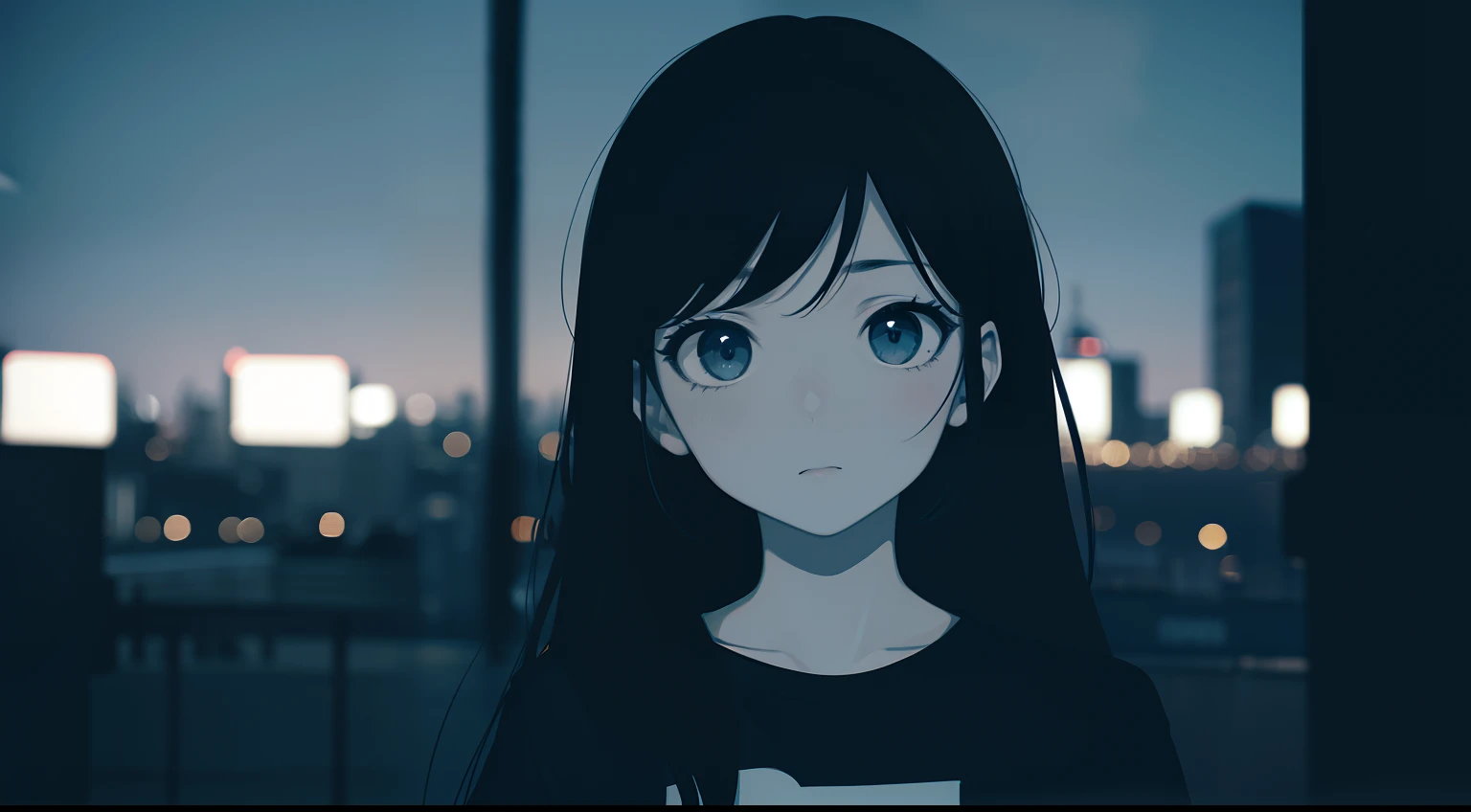 cool girl, monochrome, black, blue, back ground in black, everyday scenery, t shirt, heavily blurred background, city at night, looking up