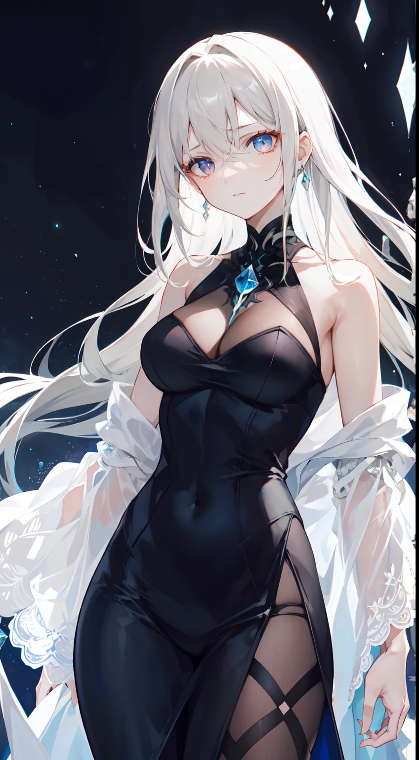 Seffaria, a woman shrouded in mystery, stands gracefully on the endless shore, surrounded by abyssal darkness. The crystal of harmony she holds in her hand emits a gentle light, creating a faint glow amidst the encompassing obscurity. Her face, full of expression and depth, appears like a silhouette emerging from the very heart of the darkness.
Her eyes, is purple crystal, reflect knowledge of suffering and an unyielding desire to restore light to a forgotten world. Her delicate eyebrows add a dimension to her expression, while her long and flowing vibrant blonde hair, cascades over her shoulders, providing contrast against the dark backdrop.
She wears a gown woven from luminescent fabrics, as if light itself has been interwoven into her being. The gown flows elegantly, generating a gentle motion in the nocturnal breeze. Its color palette mirrors the spectrum of light, ranging from the oceanic blue to crystalline white.
Her posture, both erect and graceful, conveys courage and determination in the face of darkness. Her hand clutches the crystal of harmony tightly, as if she is the last guardian of hope amidst the silent world. In the dim surroundings, she stands as a beacon of light, a resolute presence against the gloomy environment.
The background is engulfed by profound darkness, accentuated by the pitch-black night sky adorned with shimmering stars. The expansive sea stretches before her, creating a dramatic and atmospheric backdrop. The black clouds in the sky add an air of mystery and impending threat.
Seffaria radiates a blend of emptiness, resilience, and unwavering hope. She is the custodian of light in the darkness, uniting the power of radiance with an indomitable will to combat the shadows. A part of an eternal song of suffering, yet an undying flame of hope.
