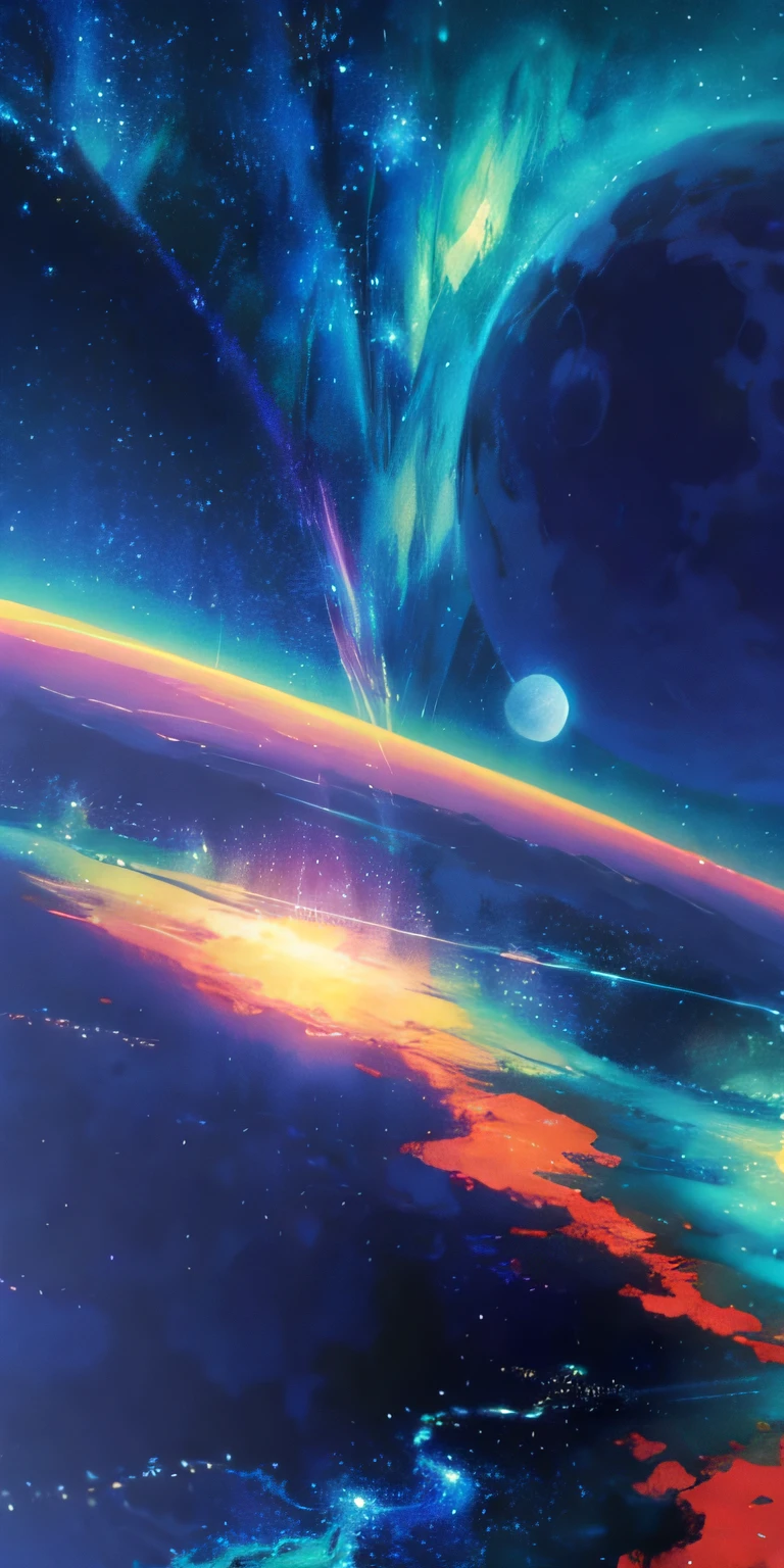 Animated scene of a planet with stars in the sky, cosmic sky. by makoto shinkai, endless cosmos in the background, Beautiful space, makoto shinkai cyril rolando, a beautiful artwork illustration, 4K highly detailed digital art, heaven planet in background, anime art wallpaper 4k, anime art wallpaper 4k, amazing wallpapers, Fantasy space,Accelerate、The universe is changing,Color is Xu々turns blue to、Image of peace、It changes further and the aurora borealis appears.
