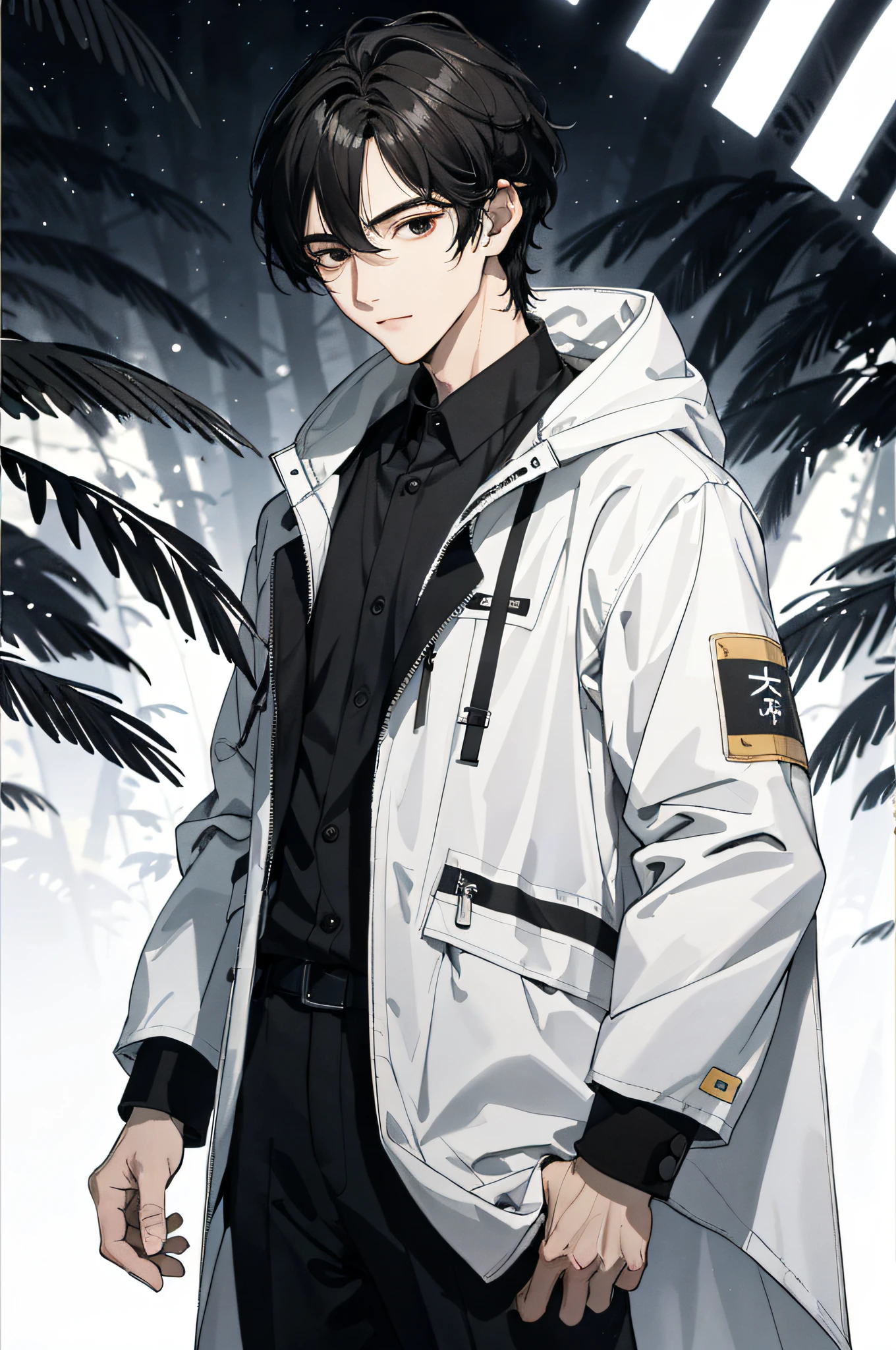 Absurd, High definition, Super detailed, Texture details, clear presentation, HD details, detail performance, Fine details, Clear face, Fix accurately, ((cabelos preto e longos))、long whitr hair、18-year-old man, Handsome, Tall,Soft smile、Slightly muscular,(Clear eyeballs), (1 person: 1.3), handpainted, Simple lines, (An 18-year-old man wearing a white Chinese suit), foggy forest、The upper part of the body,(Exocet suit 1.2)