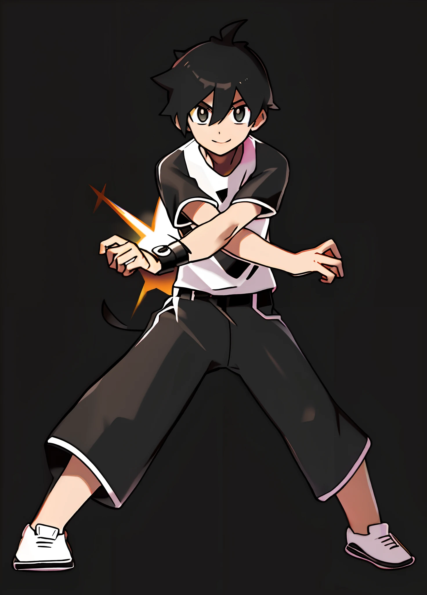 sugimori ken \(Style\), Black hair,White gym clothes,Black shorts,white backgrounid,view the viewer, Nintendo, offcial art, Pokemon, Pokemon \(gaming console\), Pokemon SWSH, Light smile, sugimori ken, tart \(Illustrator\), Thighs, Stand next to Pokemon \(organism\)