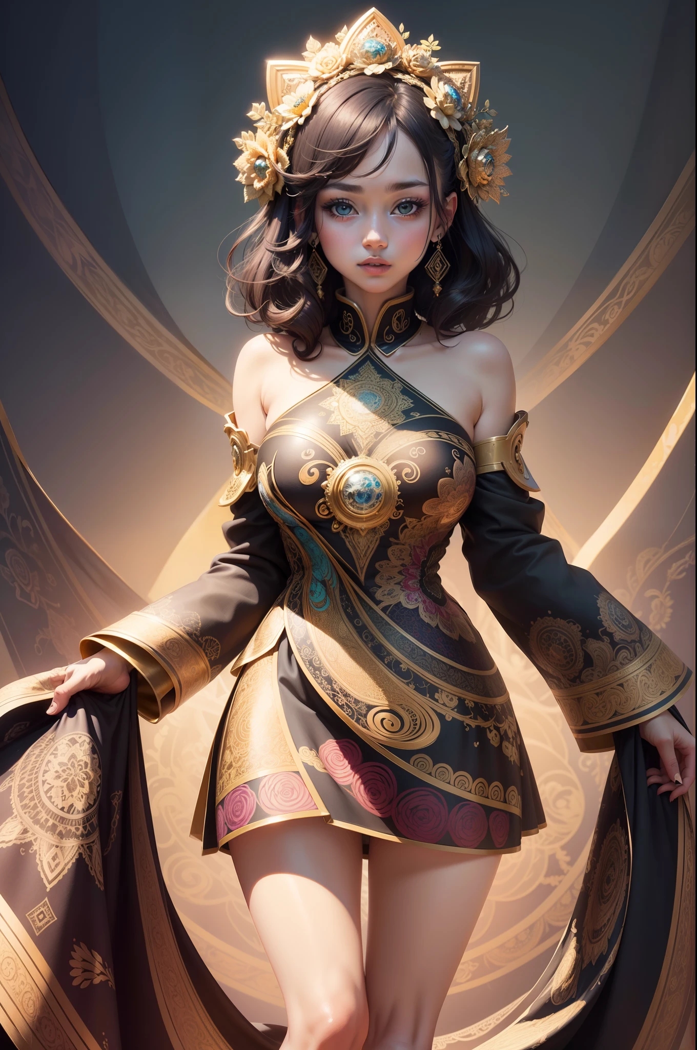 (masterpiece, top quality, best quality, official art, beautiful and aesthetic:1.2), (1girl), extreme detailed,colorful,highest detailed, official art, unity 8k wallpaper, ultra detailed, beautiful and aesthetic, beautiful, masterpiece, best quality, (zentangle, mandala, tangle, entangle) ,holy light,gold foil,gold leaf art,glitter drawing, PerfectNwsjMajic