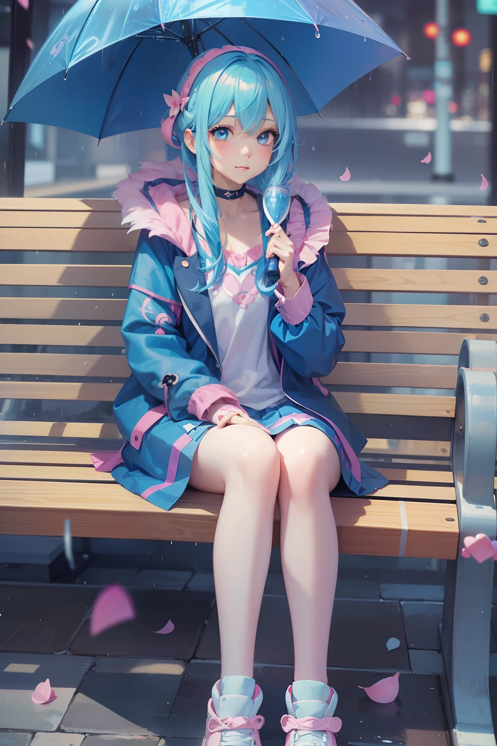 Anime girl with blue hair and pink umbrella sitting on a bench, anime style 4 k, kawaii rainy gloomy, Cute art style, artwork in the style of guweiz, kawaii realistic portrait, Cute anime girl, cute kawaii girl, soft anime illustration, Anime style. 8K, beautiful anime art style, Anime Girl, anime art wallpaper 4k