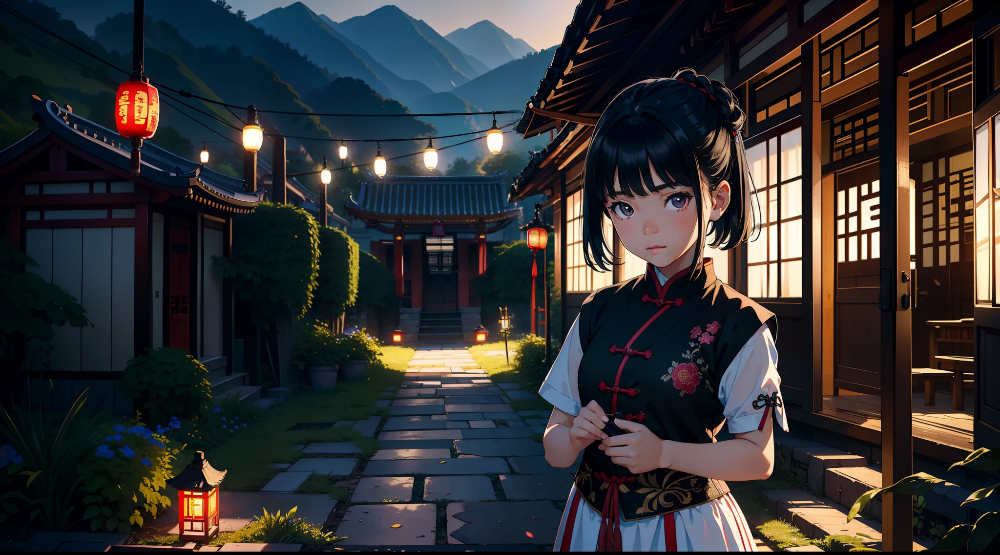 ((tmasterpiece,best qualtiy)),illustratio,Ultra-detailed 8K,Photorealsitic,Clear focus,A highly detailed,Professional lighting,Colorful detailed,(Rural China,In the yard,a 10 years old girl,Wear clothes full of patches,Black colored eyes,Short black hair)